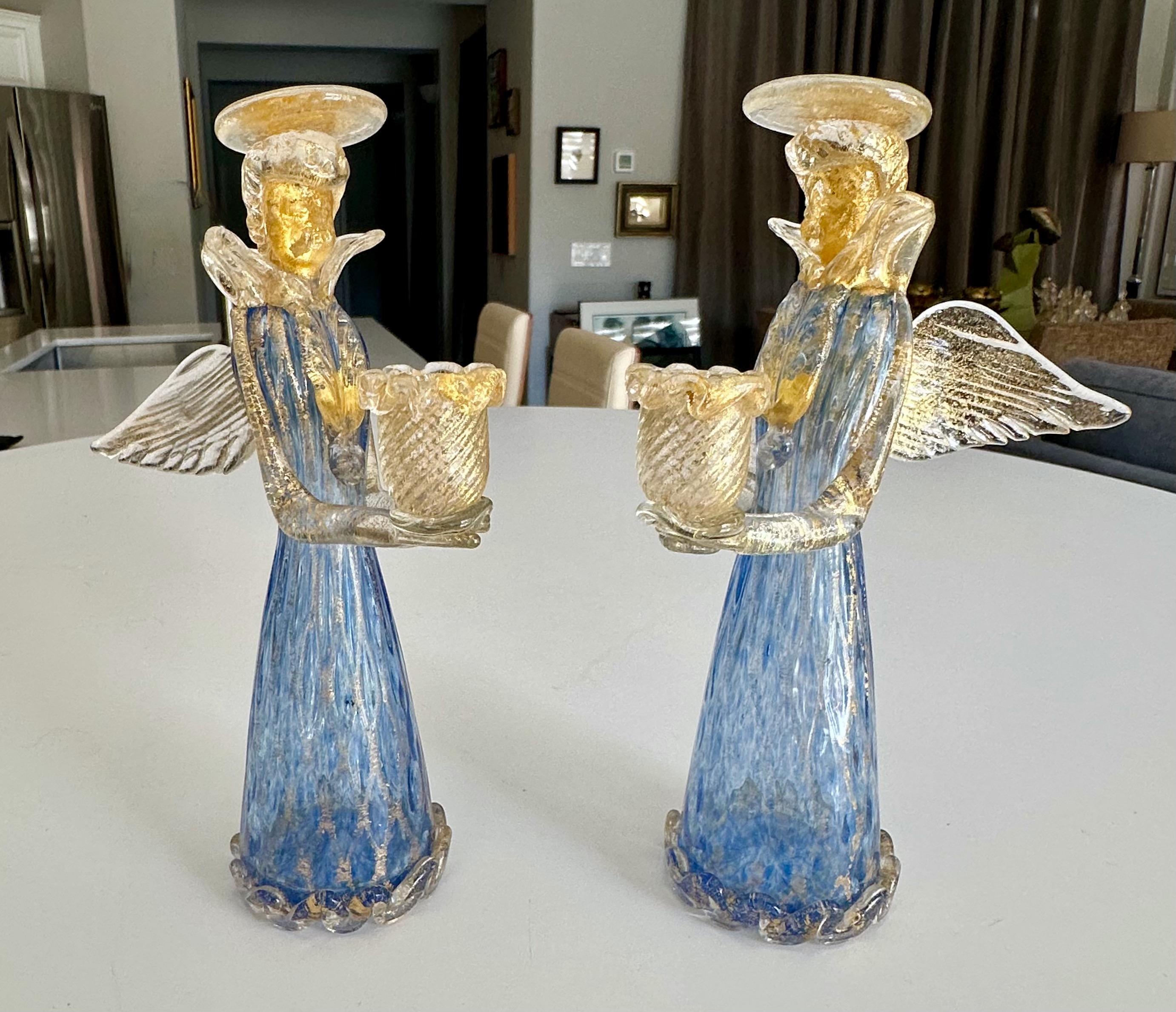 Pair Murano Venetian Blue & Gold Glass Angel Candle holders For Sale 10