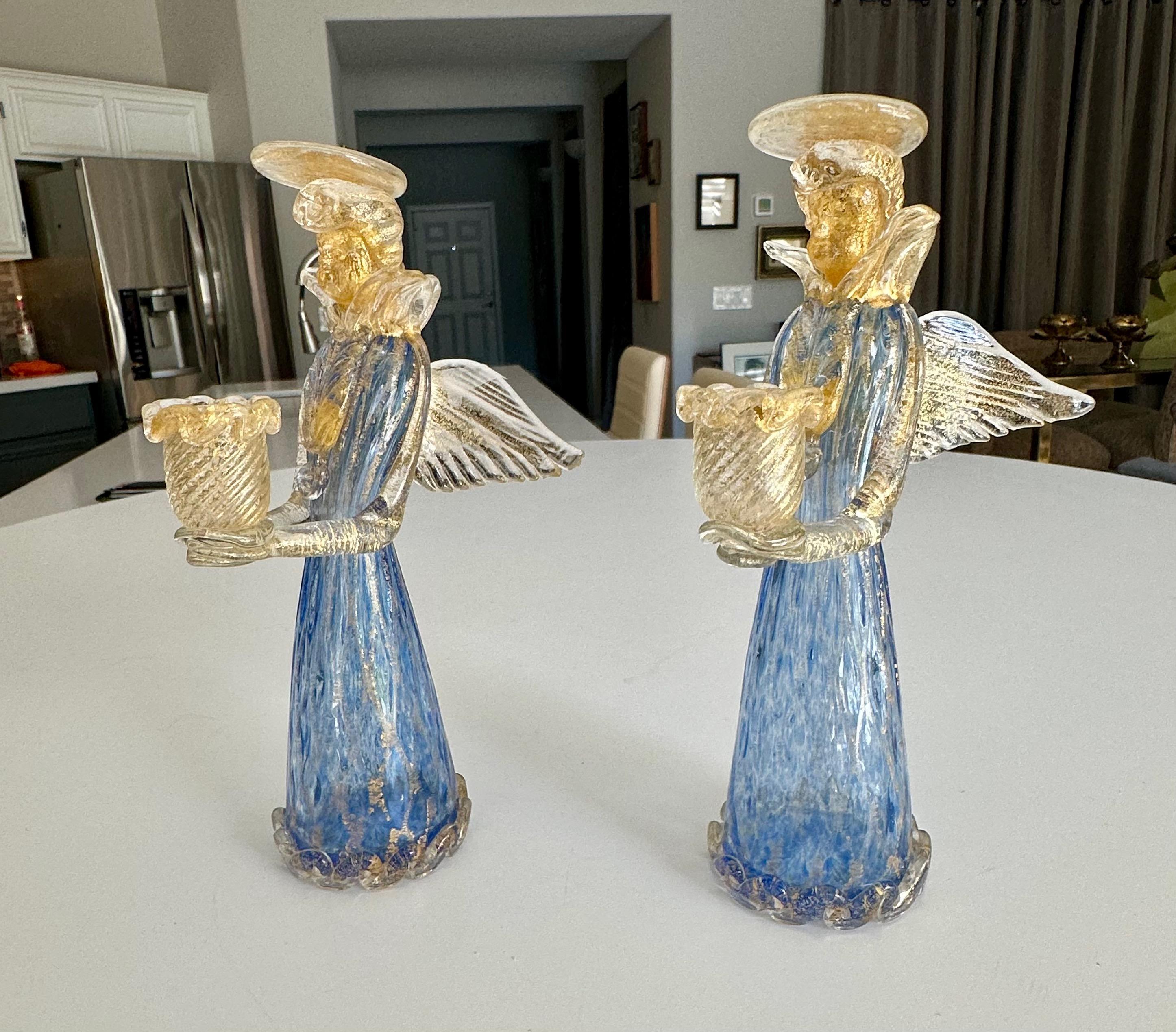 Pair Murano Venetian Blue & Gold Glass Angel Candle holders For Sale 11