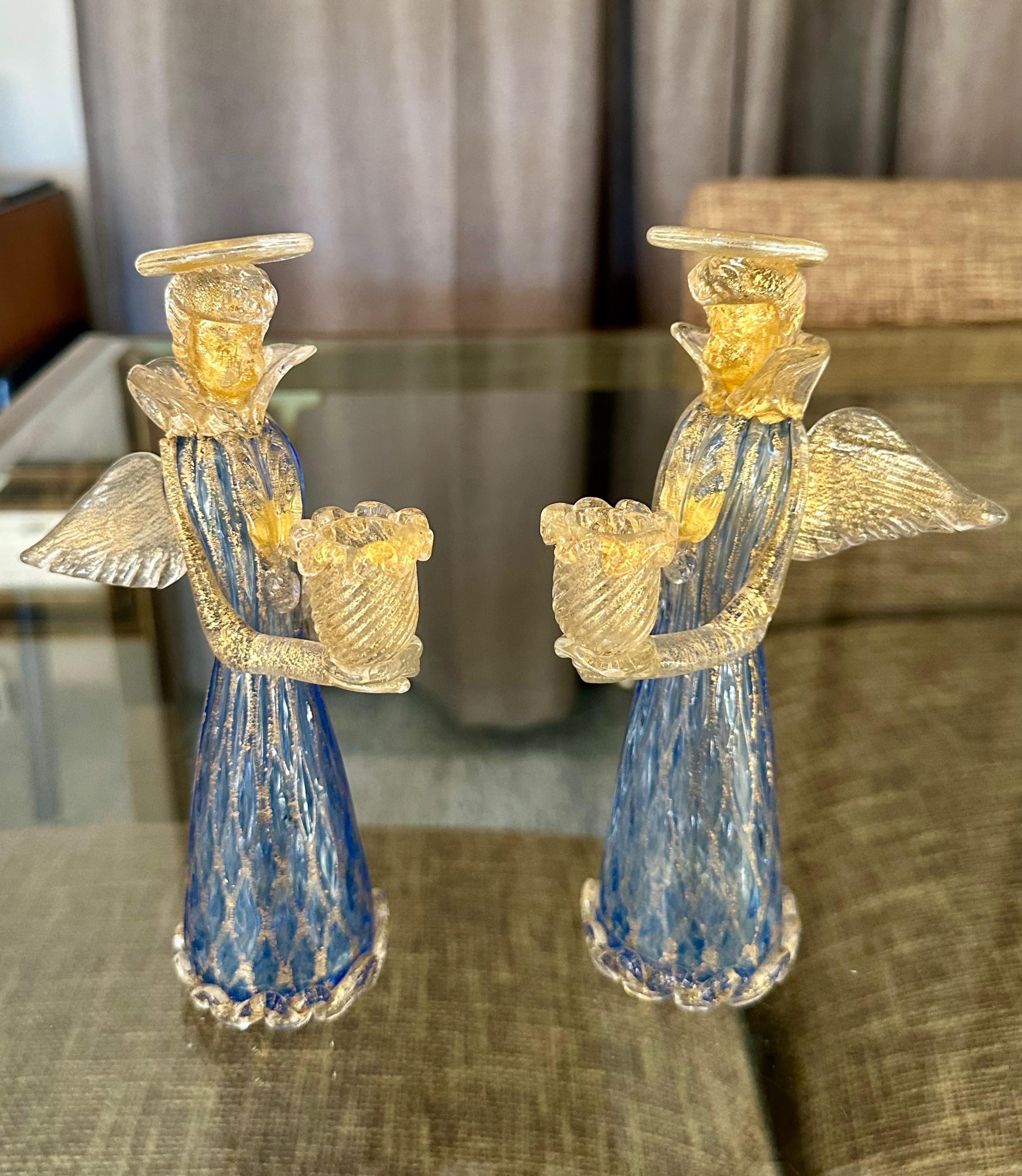 Italian Pair Murano Venetian Blue & Gold Glass Angel Candle holders For Sale