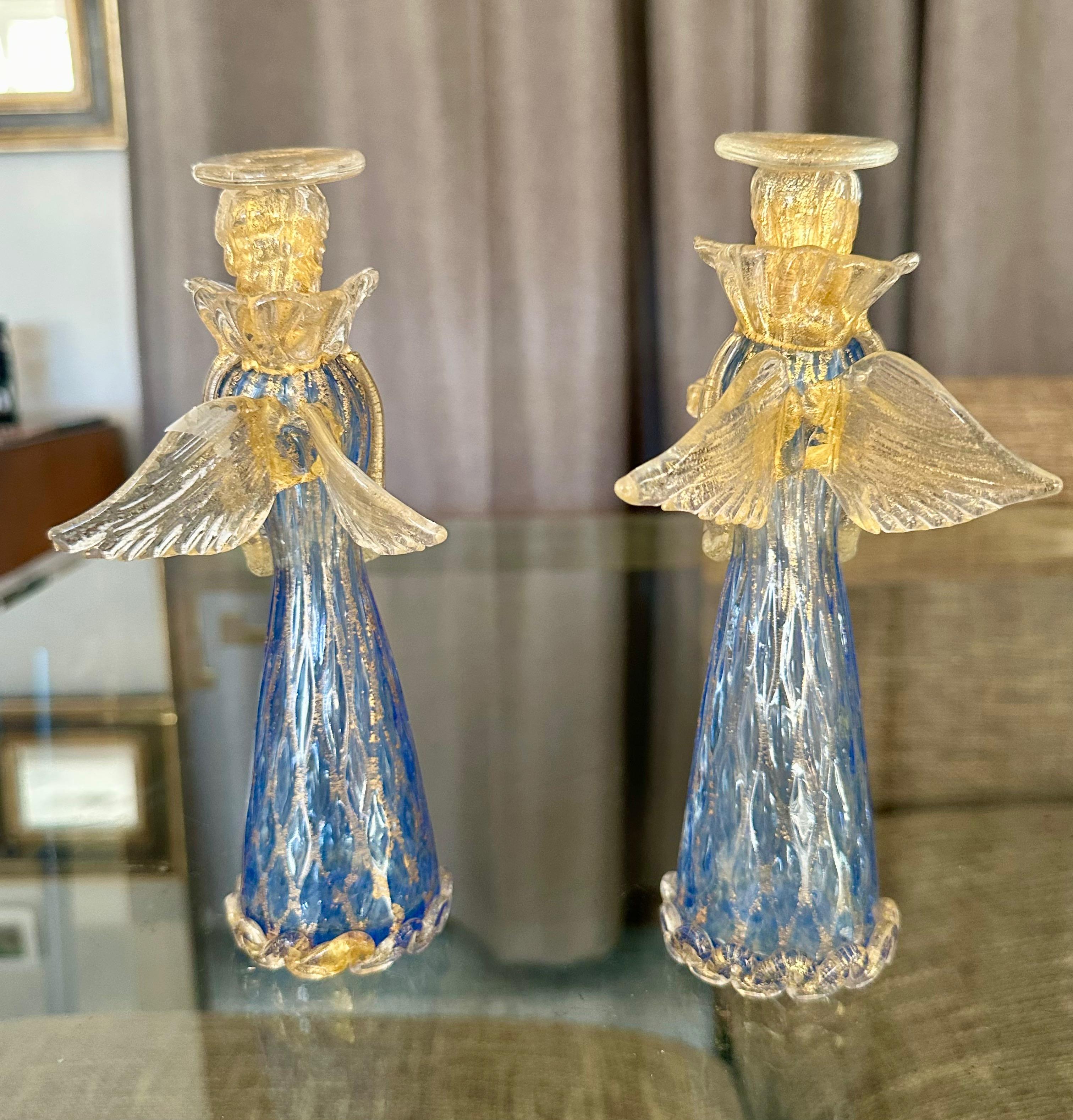 Pair Murano Venetian Blue & Gold Glass Angel Candle holders In Excellent Condition For Sale In Palm Springs, CA