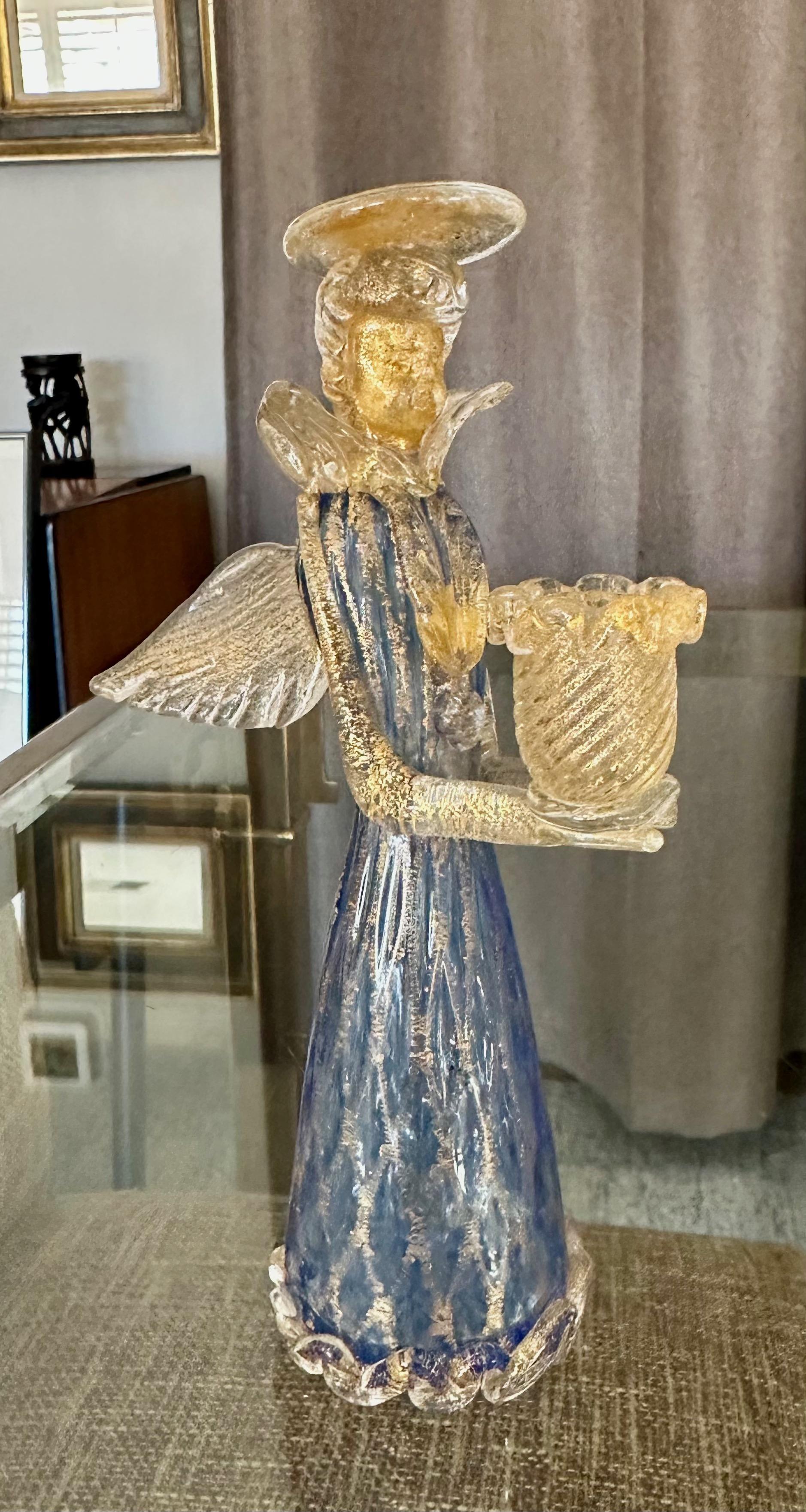 Late 20th Century Pair Murano Venetian Blue & Gold Glass Angel Candle holders For Sale