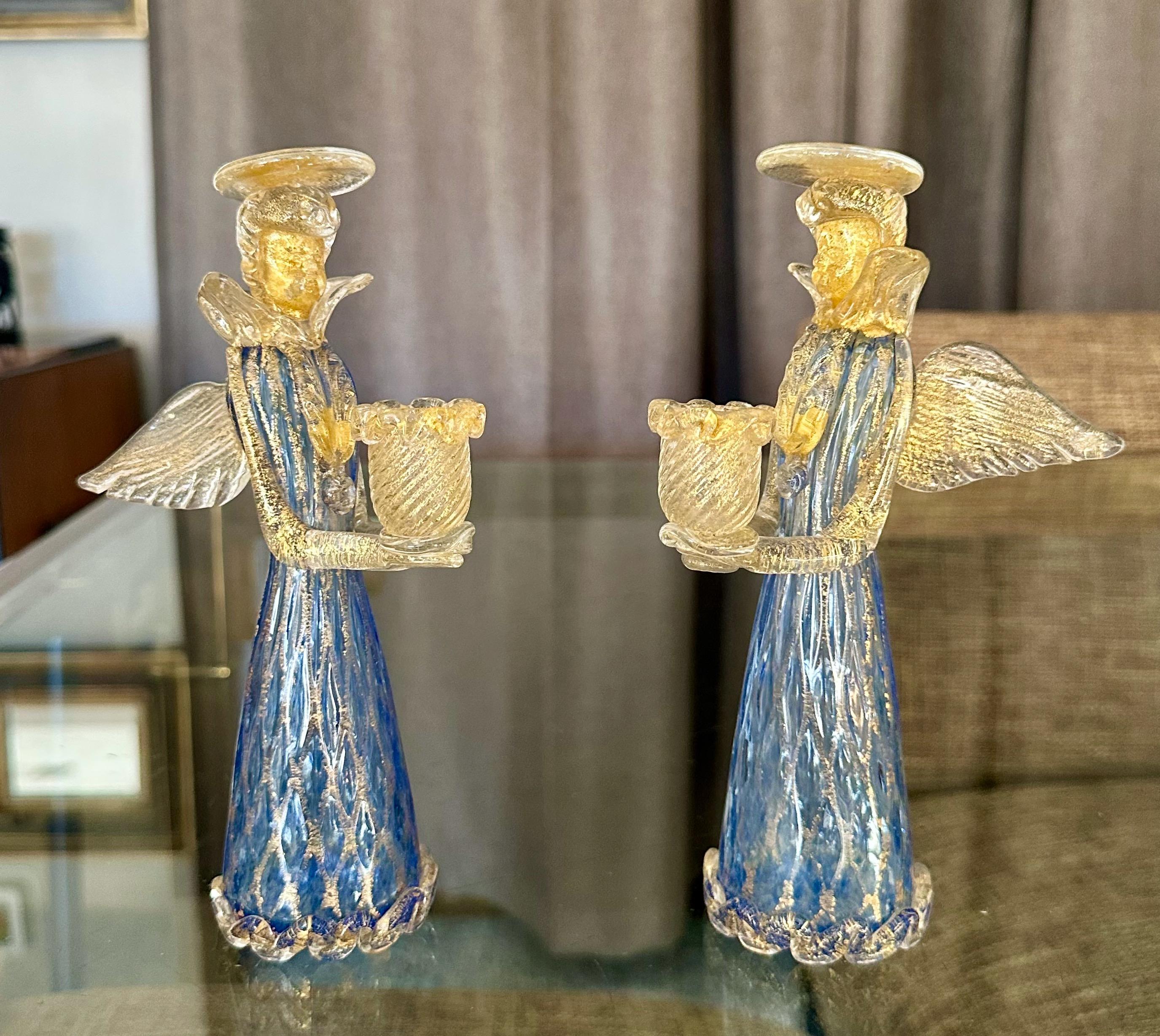 Blown Glass Pair Murano Venetian Blue & Gold Glass Angel Candle holders For Sale