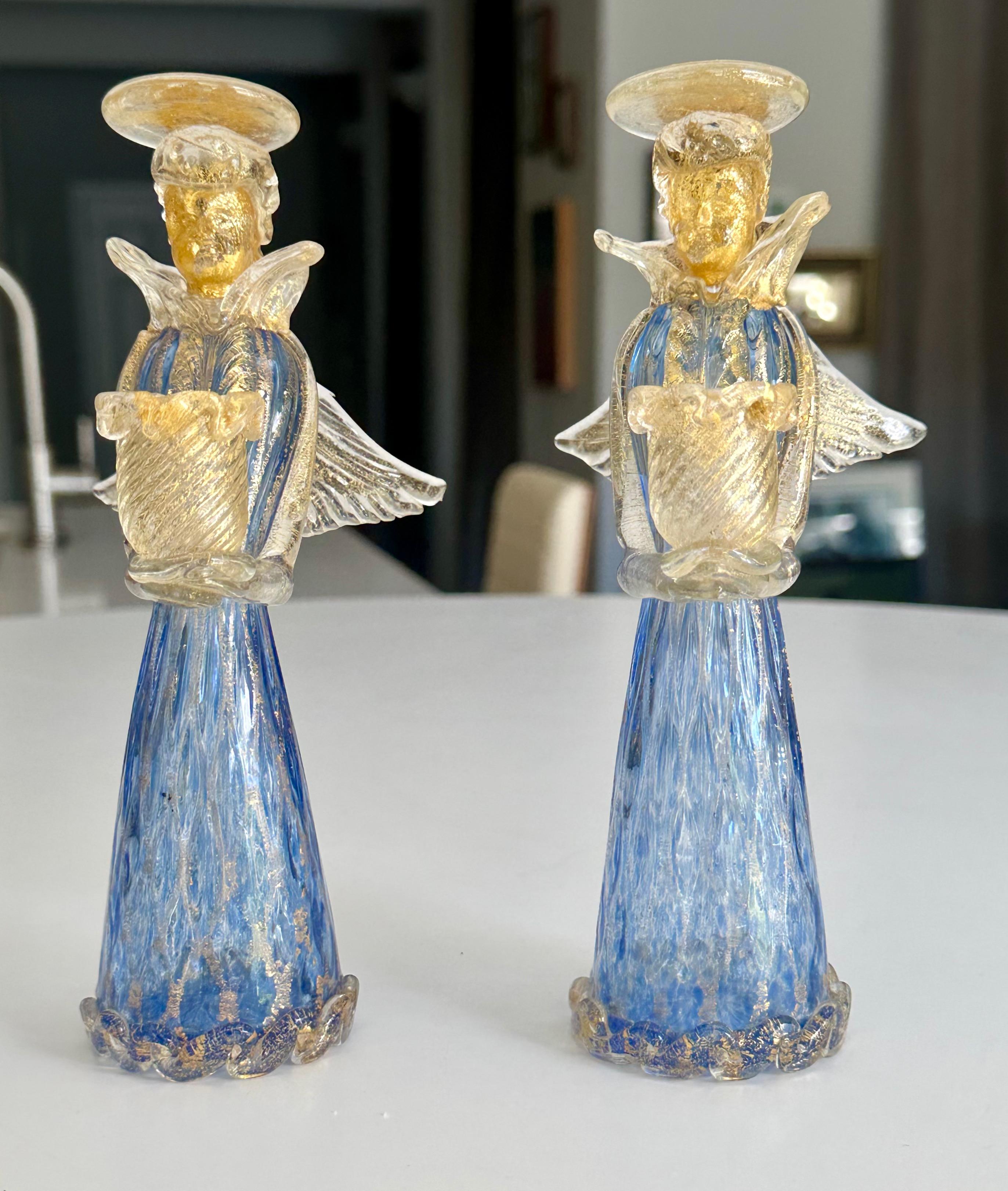 Pair Murano Venetian Blue & Gold Glass Angel Candle holders For Sale 1