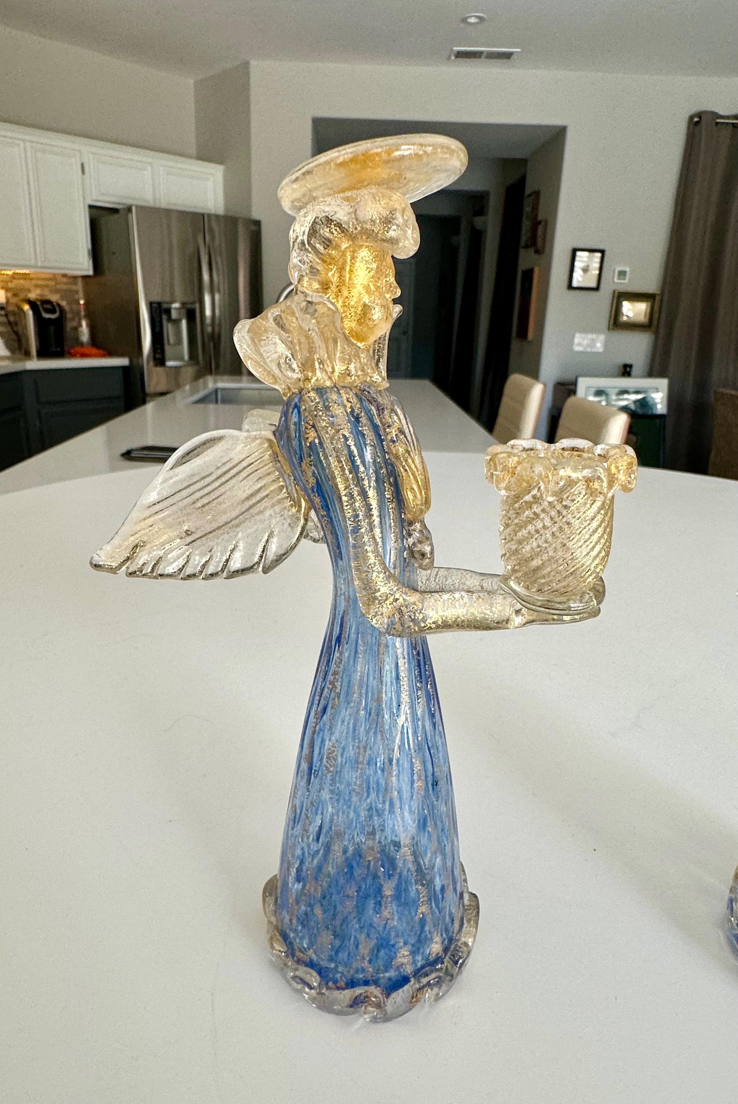Pair Murano Venetian Blue & Gold Glass Angel Candle holders For Sale 2