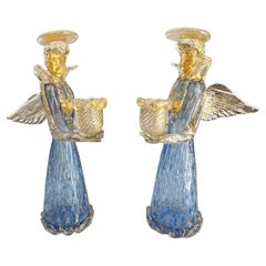 Pair Murano Venetian Blue & Gold Glass Angel Candle holders