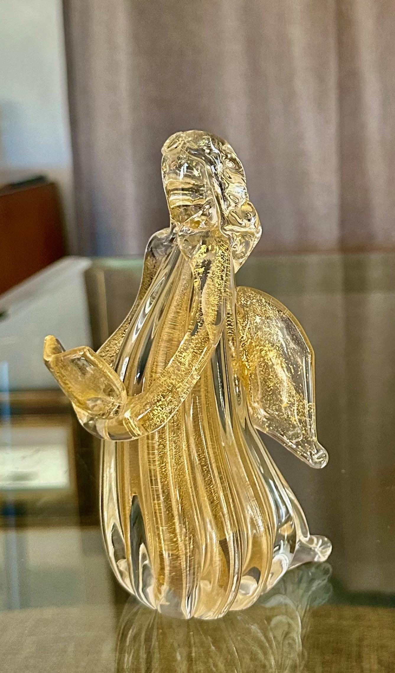 Pair Murano Venetian Clear & Gold Glass Angel Figurines 4