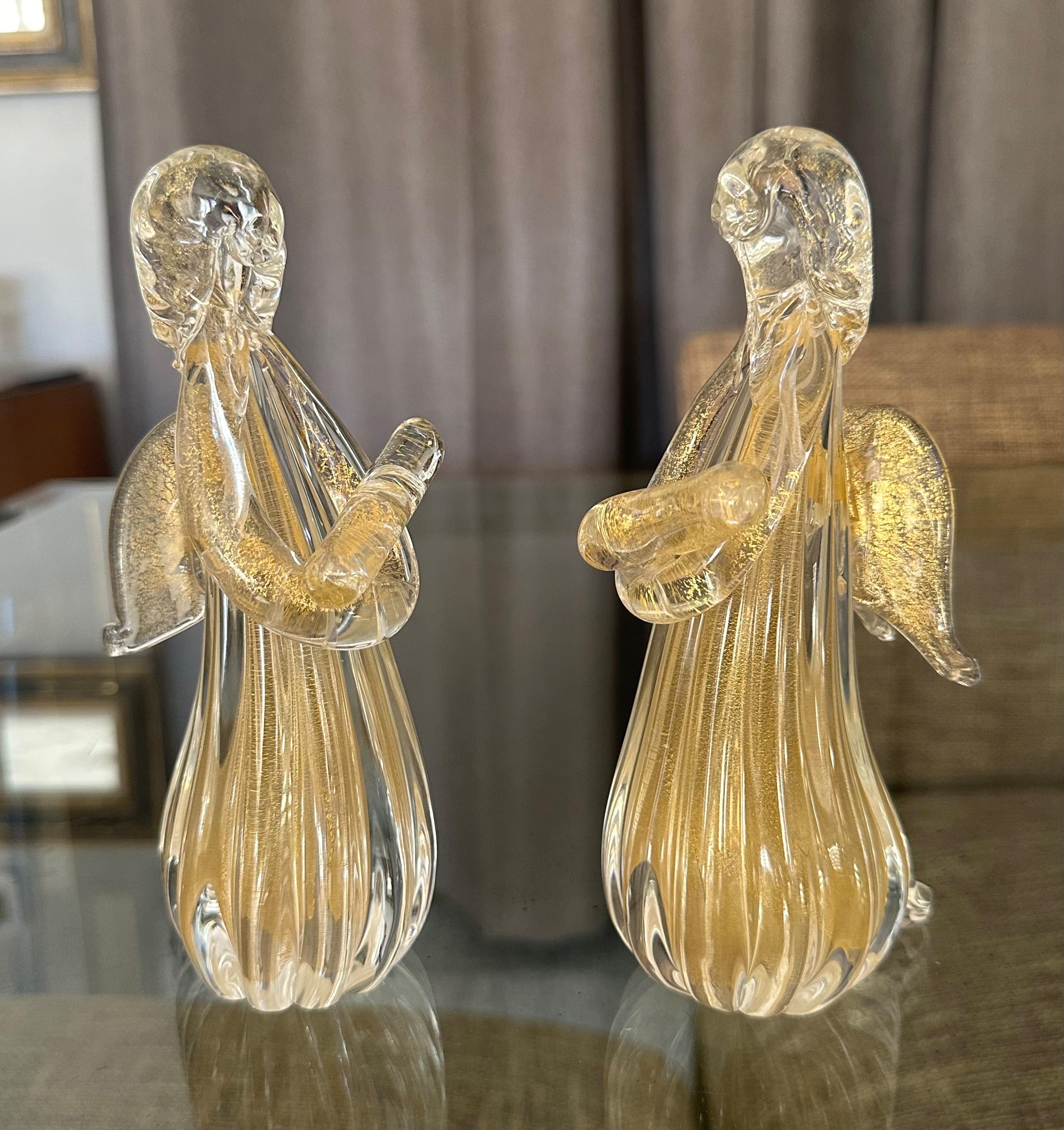 Coppia di figure di angeli in vetro trasparente e dorato di Murano in vendita 9