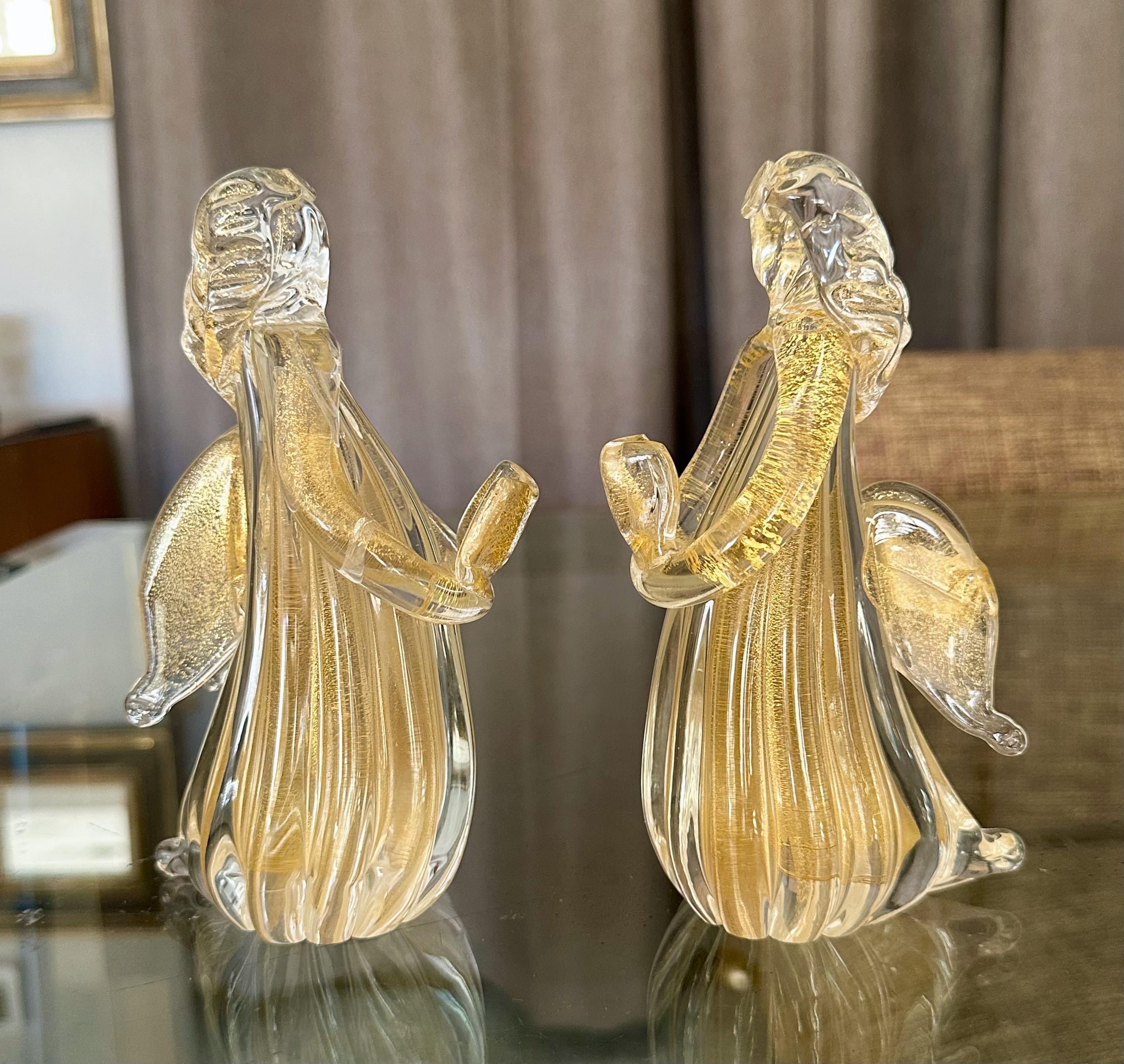 Pair Murano Venetian Clear & Gold Glass Angel Figurines 10