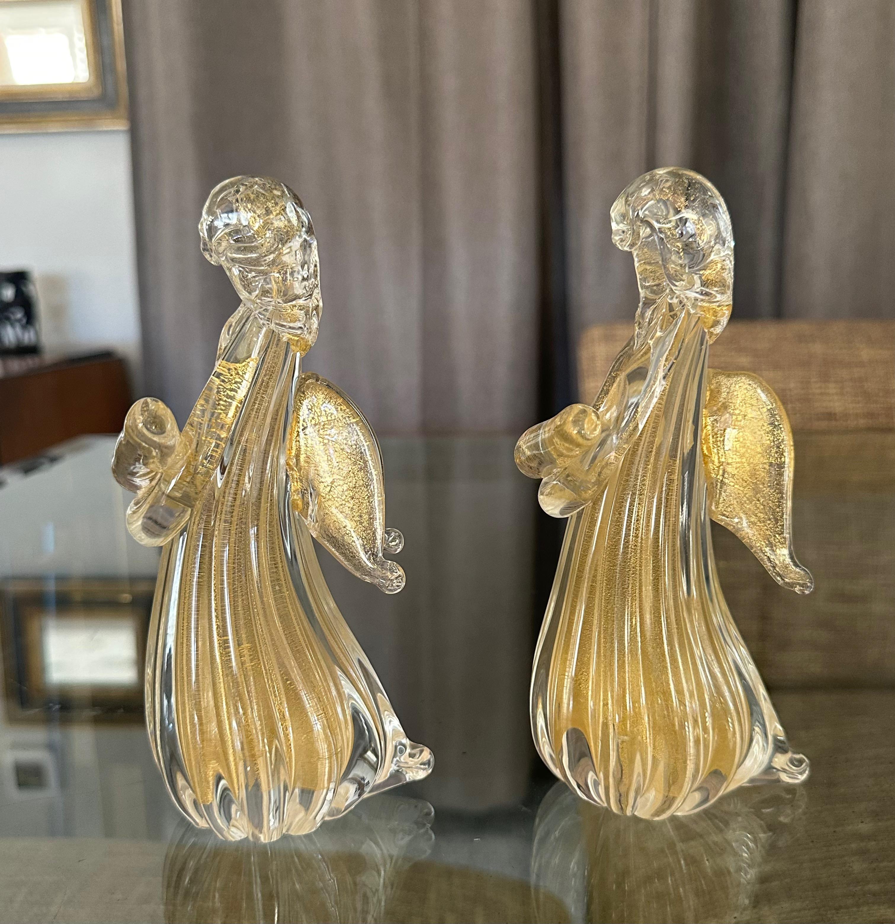 Italiano Coppia di figure di angeli in vetro trasparente e dorato di Murano in vendita