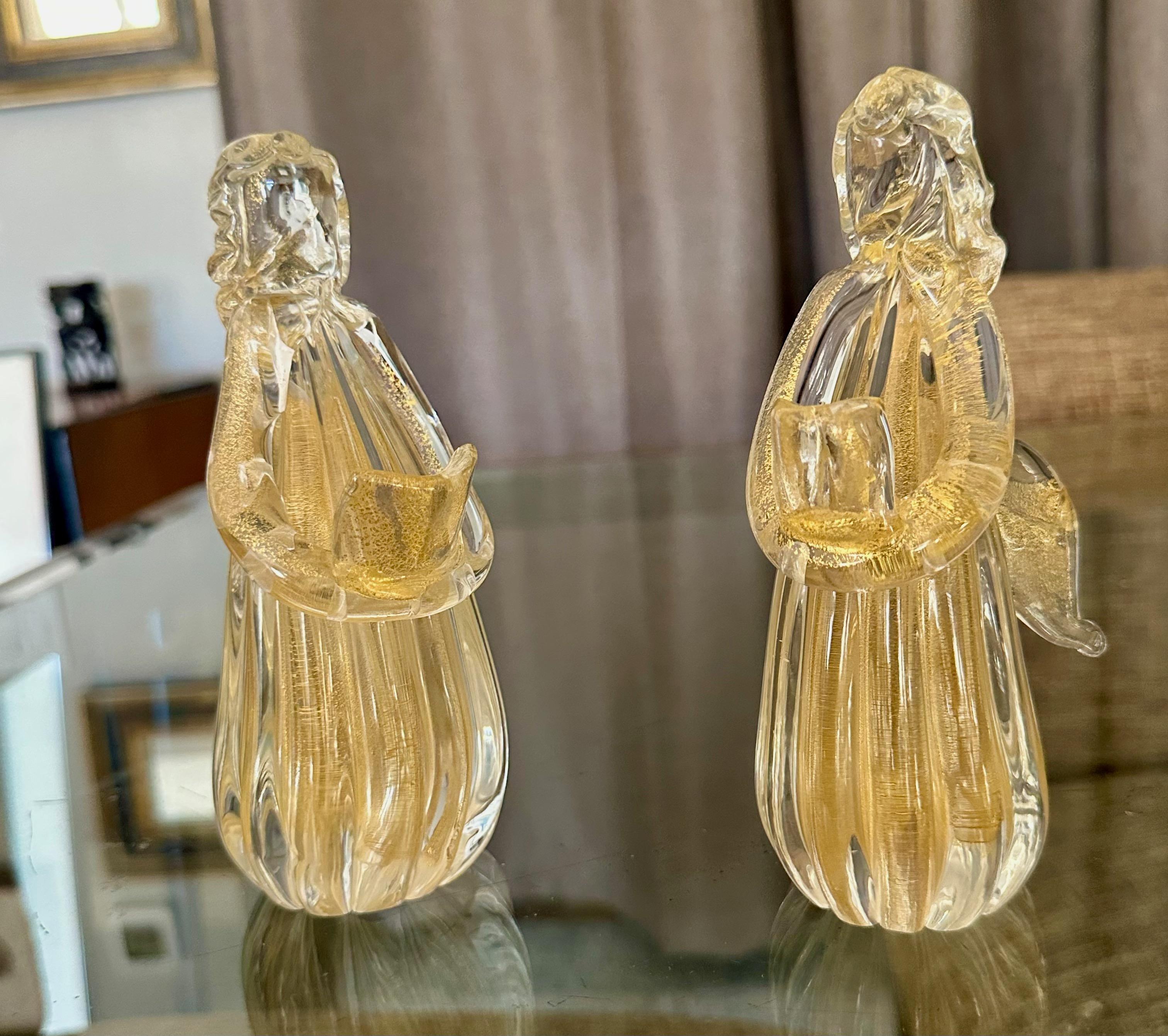 Pair Murano Venetian Clear & Gold Glass Angel Figurines In Excellent Condition In Palm Springs, CA