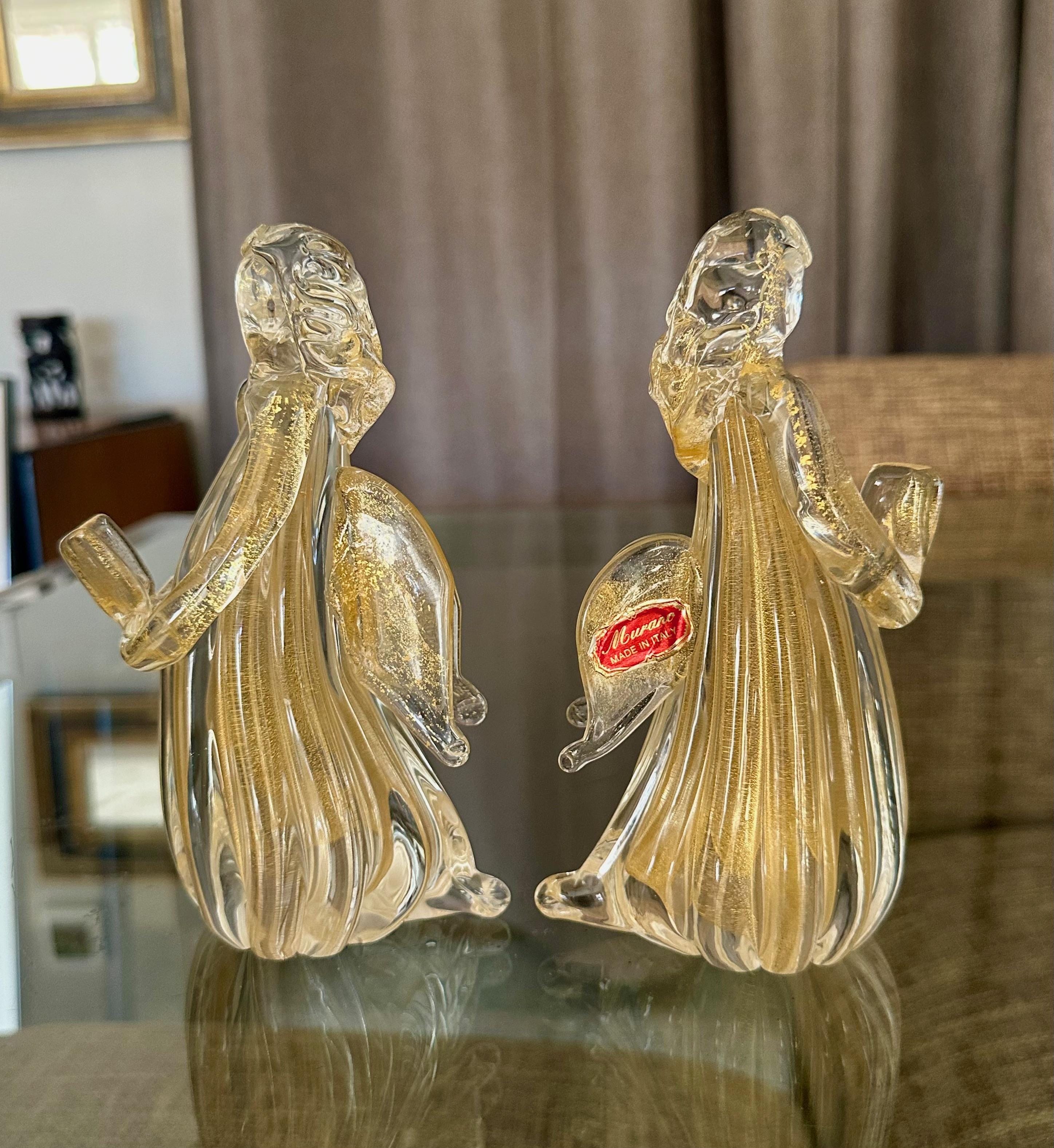 Late 20th Century Pair Murano Venetian Clear & Gold Glass Angel Figurines