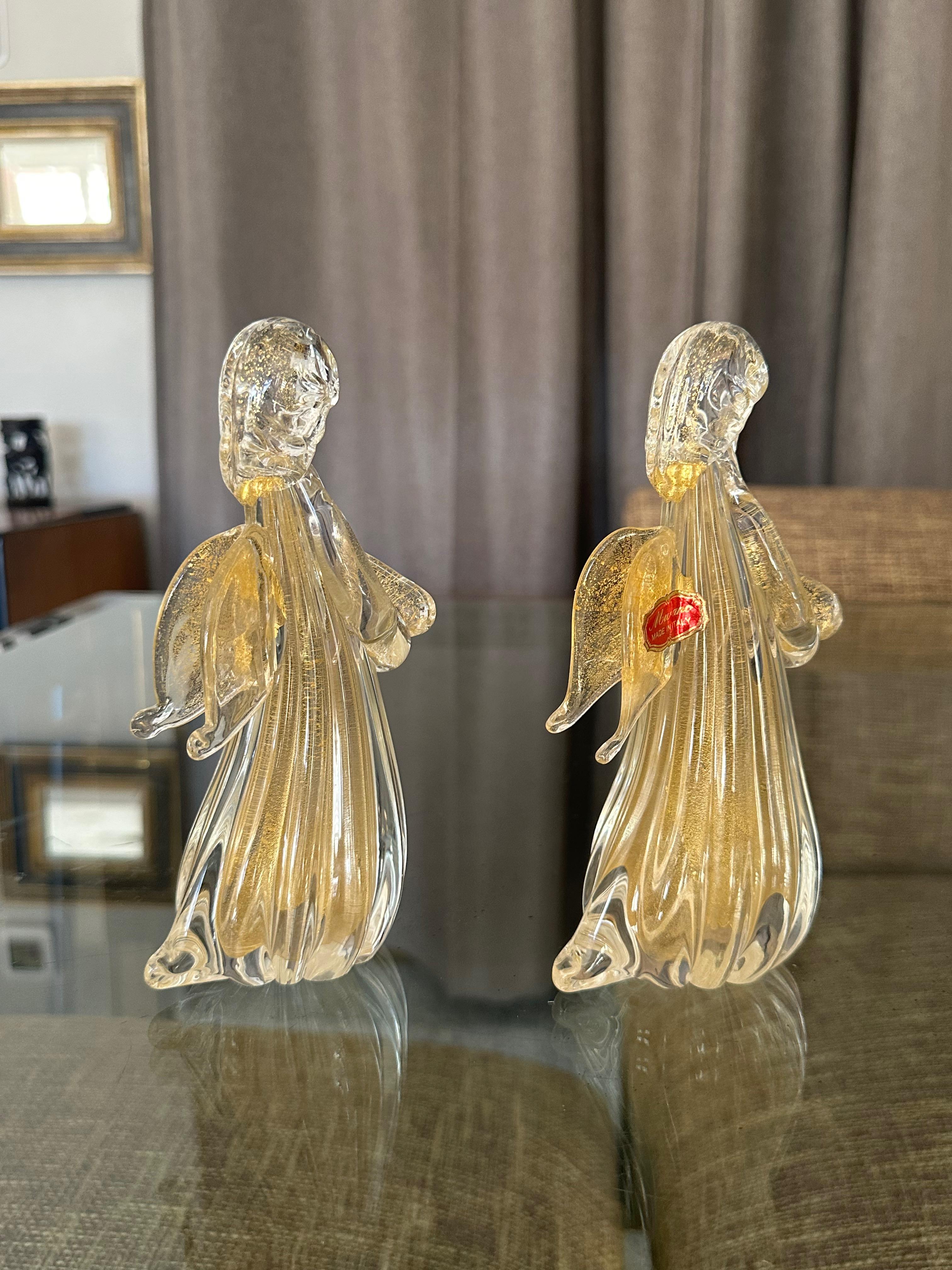 Fine XX secolo Coppia di figure di angeli in vetro trasparente e dorato di Murano in vendita