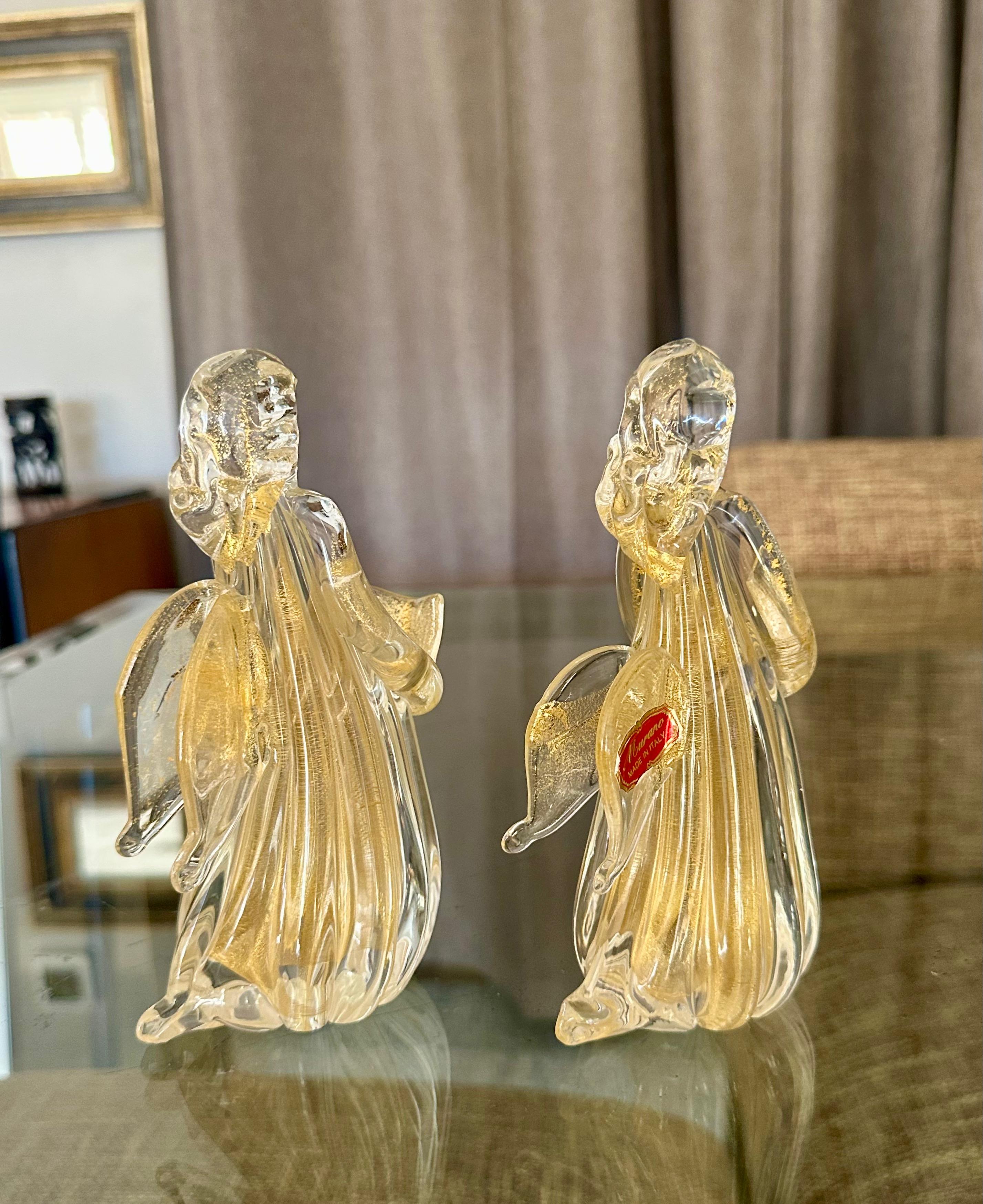 Blown Glass Pair Murano Venetian Clear & Gold Glass Angel Figurines