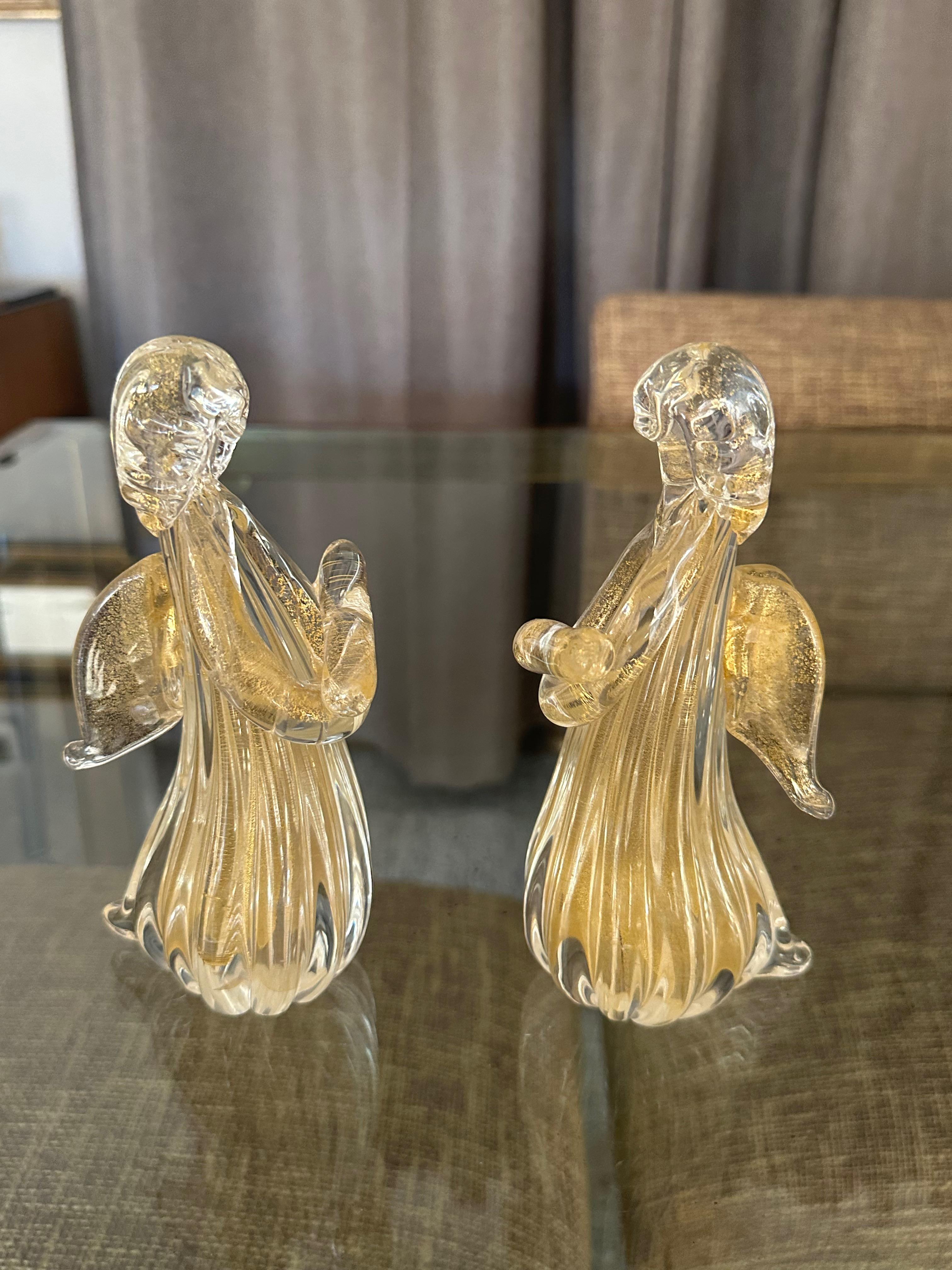 Vetro soffiato Coppia di figure di angeli in vetro trasparente e dorato di Murano in vendita