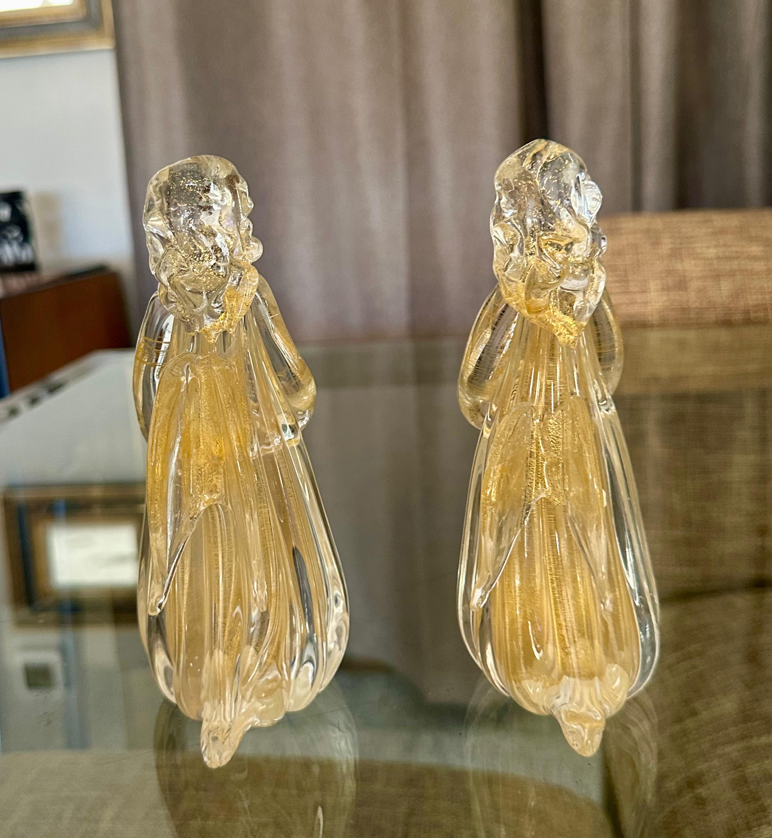 Pair Murano Venetian Clear & Gold Glass Angel Figurines 1