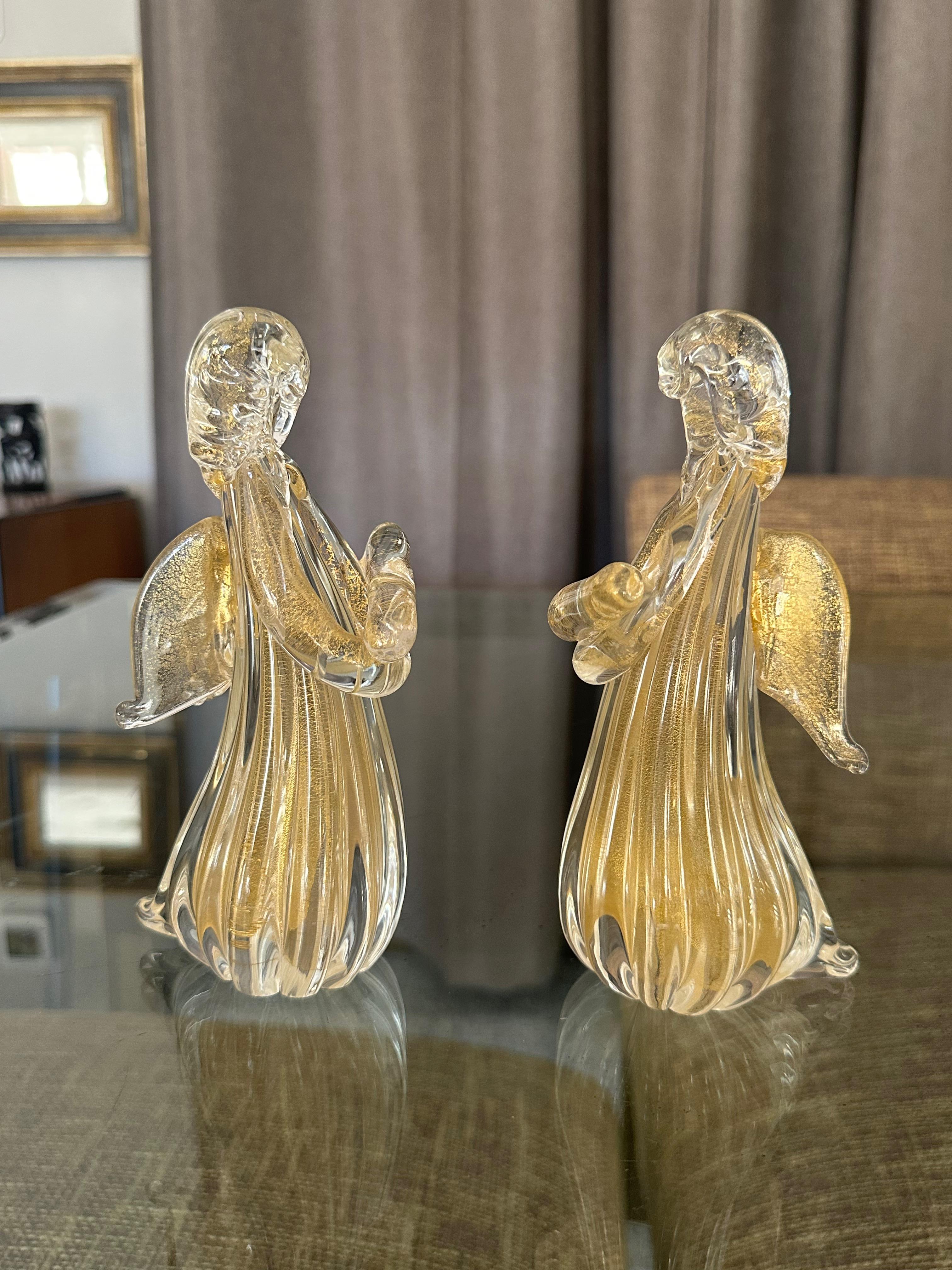 Coppia di figure di angeli in vetro trasparente e dorato di Murano in vendita 1