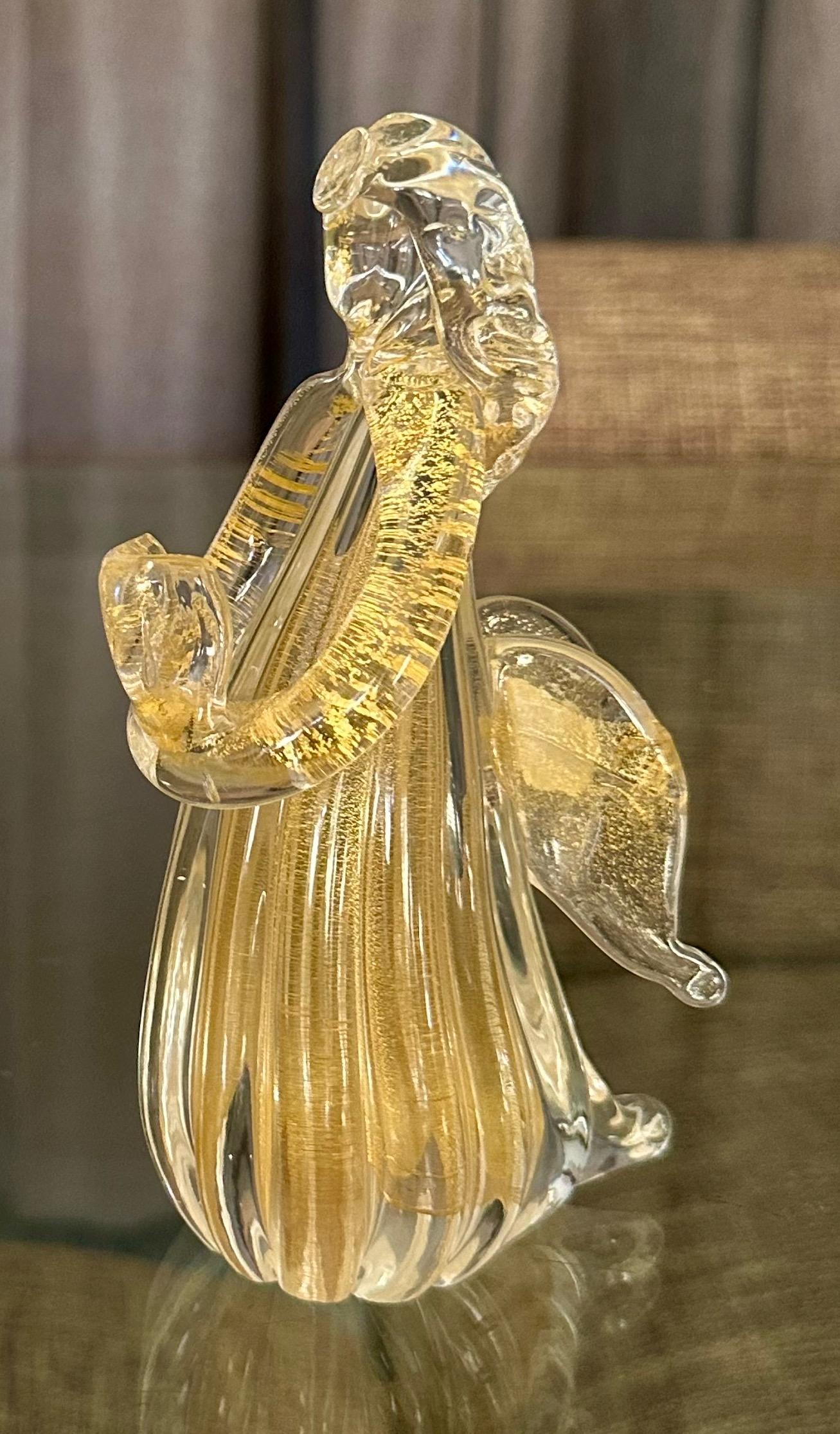 Pair Murano Venetian Clear & Gold Glass Angel Figurines 3
