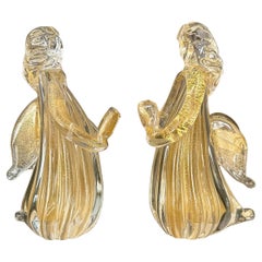 Pair Murano Venetian Clear & Gold Glass Angel Figurines