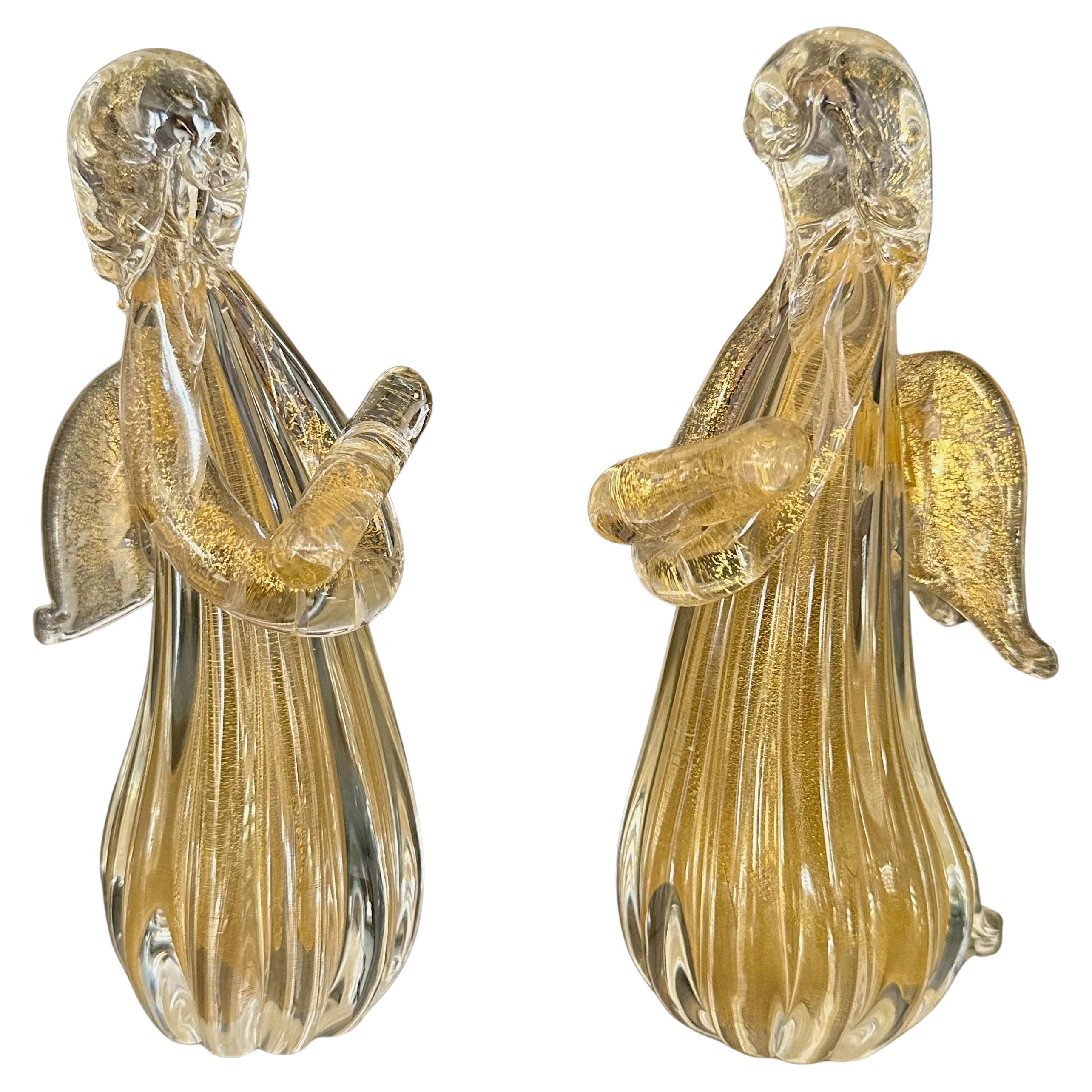 Pair Murano Venetian Clear & Gold Glass Angel Figurines