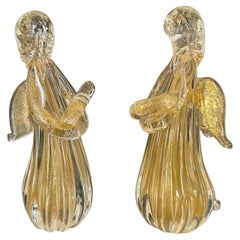 Pair Murano Venetian Clear & Gold Glass Angel Figurines