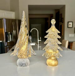 Pair Murano Venetian Gold & Clear Art Glass Christmas Trees