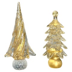Pair Murano Venetian Gold & Clear Art Glass Christmas Trees