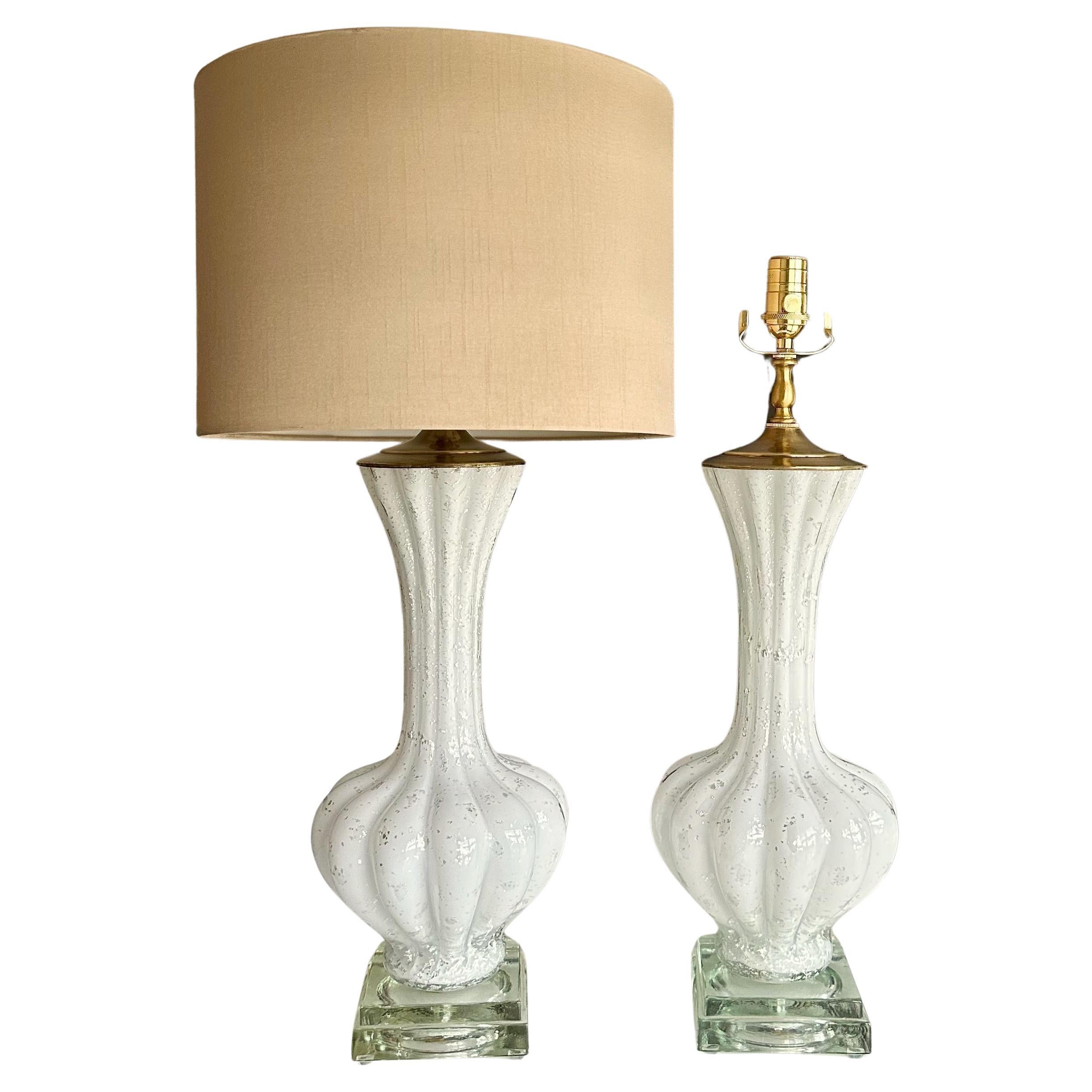 Pair Murano White and Silver Inclusions Glass Table Lamps For Sale