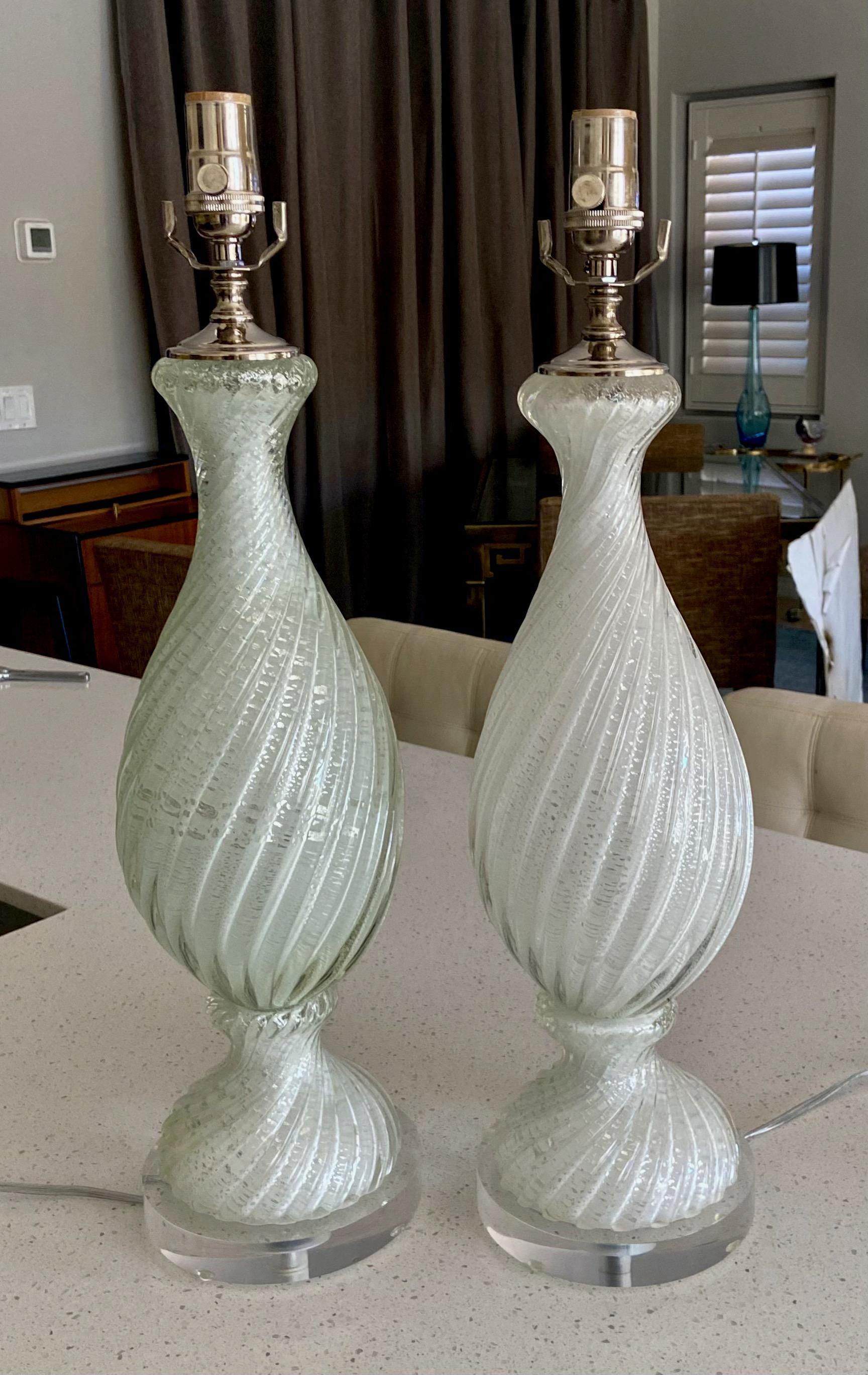 Pair Murano White and Silver Inclusions Twisted Glass Table Lamps 7