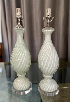 Pair Murano White and Silver Inclusions Twisted Glass Table Lamps