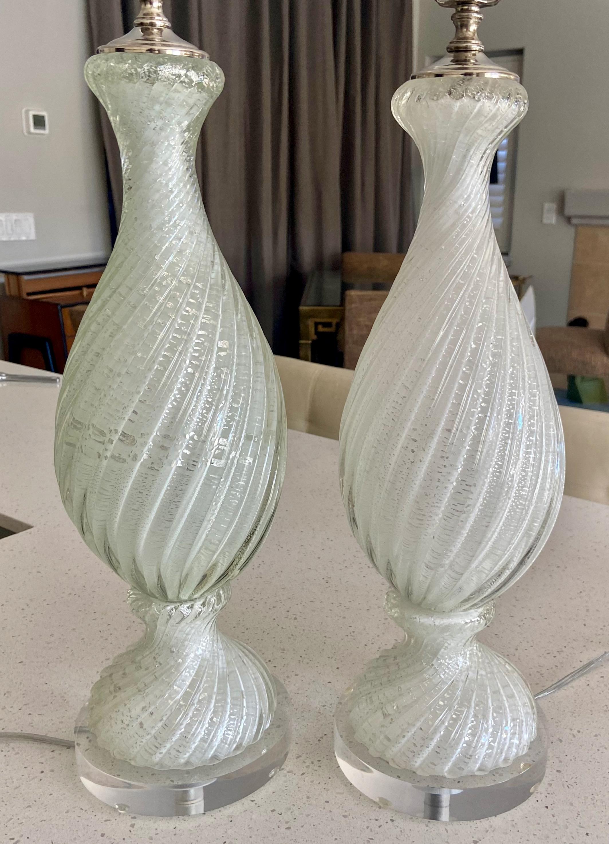 Pair Murano White and Silver Inclusions Twisted Glass Table Lamps 2