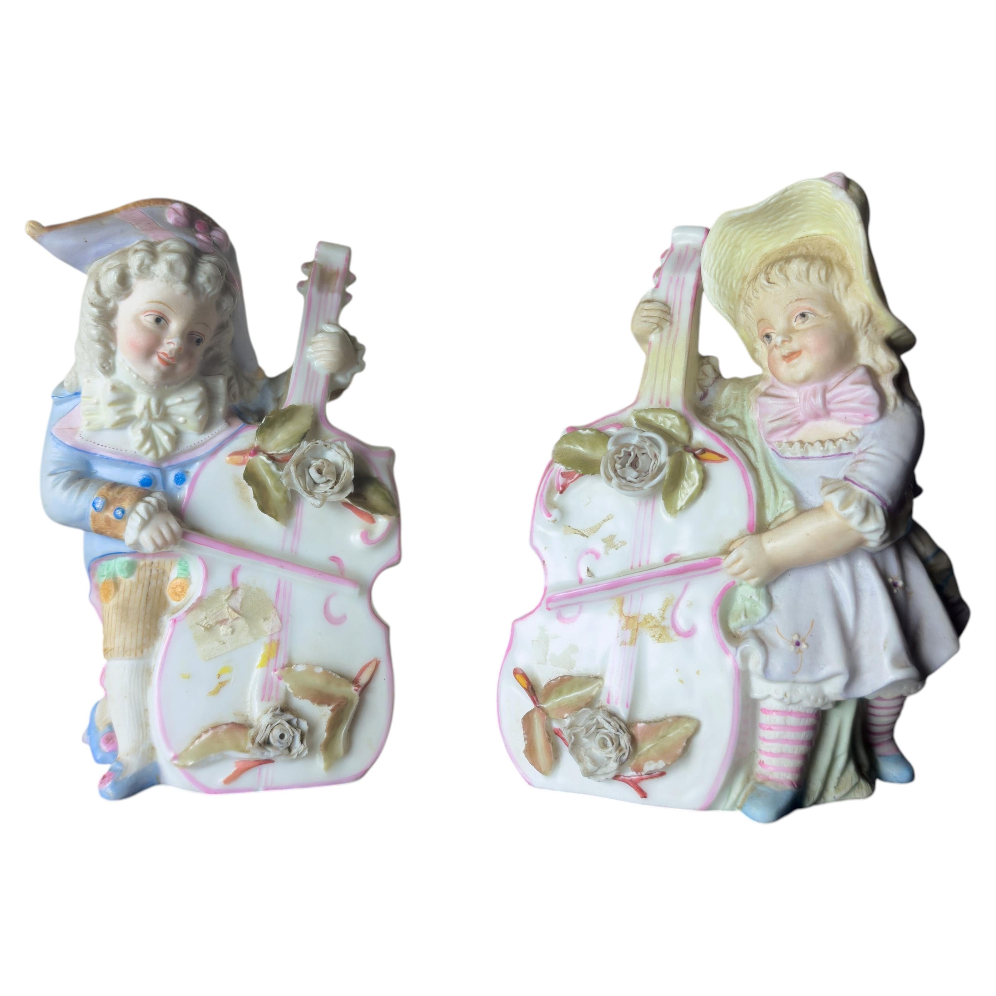Pair Musicians Porcelain Figures Vases by Heubach Brothers, Early 20th Century For Sale