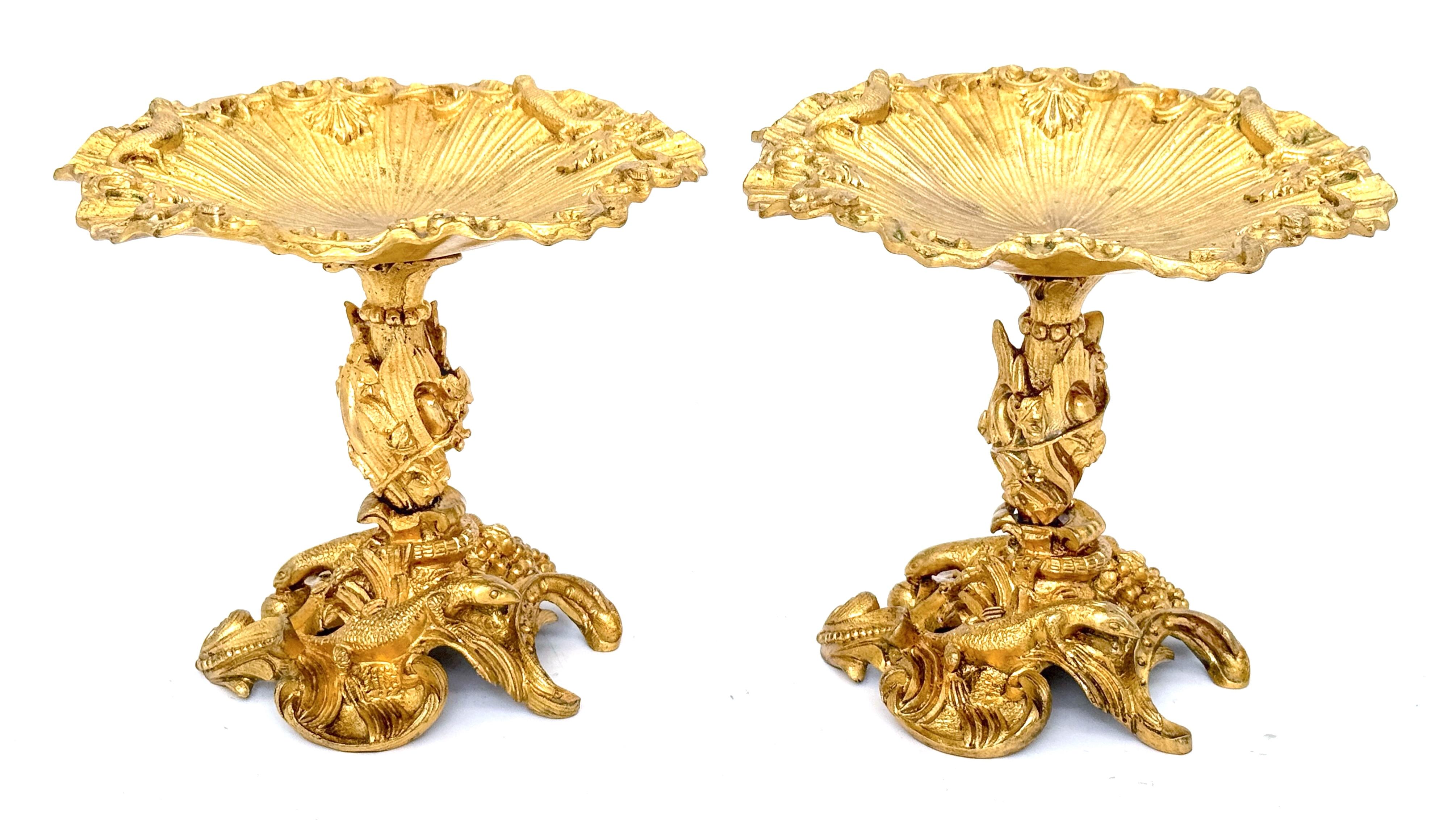 Francese Coppia di vaschette per lucertole naturalistiche in ormolu di Napoleone III in vendita