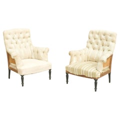 Antique Pair Napoleon III buttoned Square back armchairs