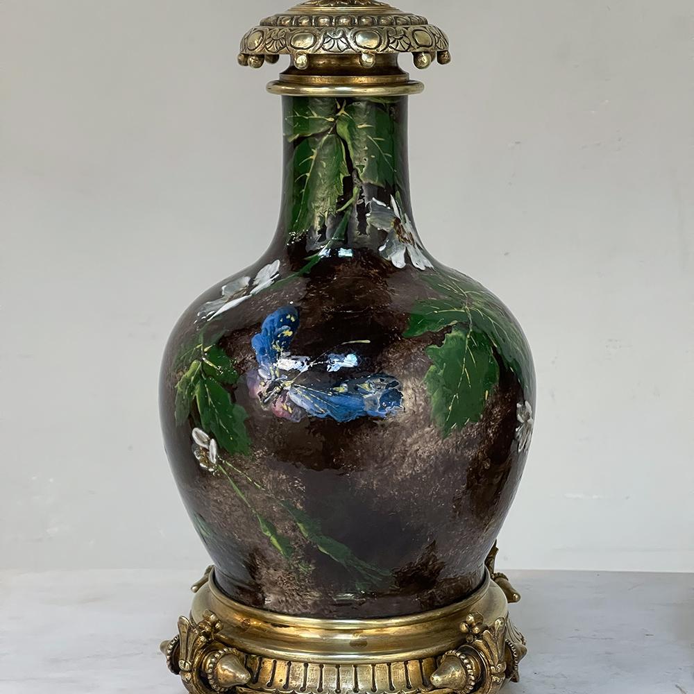 Pair Napoleon III Period Glazed Faience Table Lamps with Bronze Bases For Sale 7