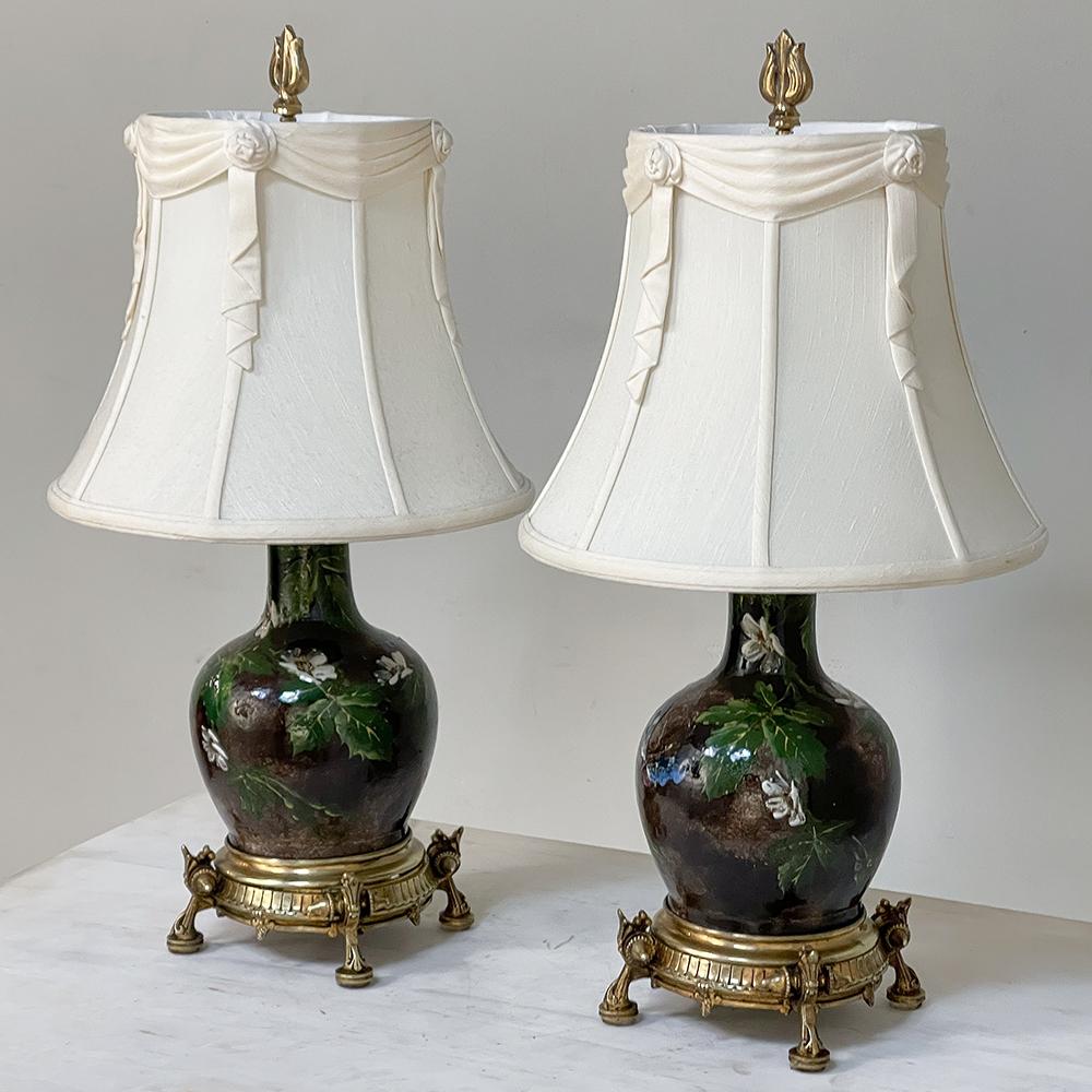 French Pair Napoleon III Period Glazed Faience Table Lamps with Bronze Bases For Sale