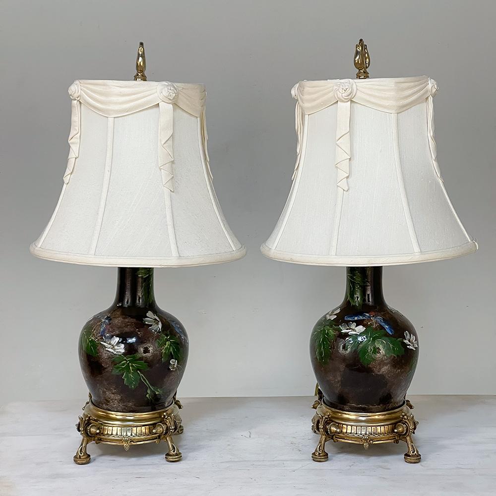 Pair Napoleon III Period Glazed Faience Table Lamps with Bronze Bases In Good Condition For Sale In Dallas, TX
