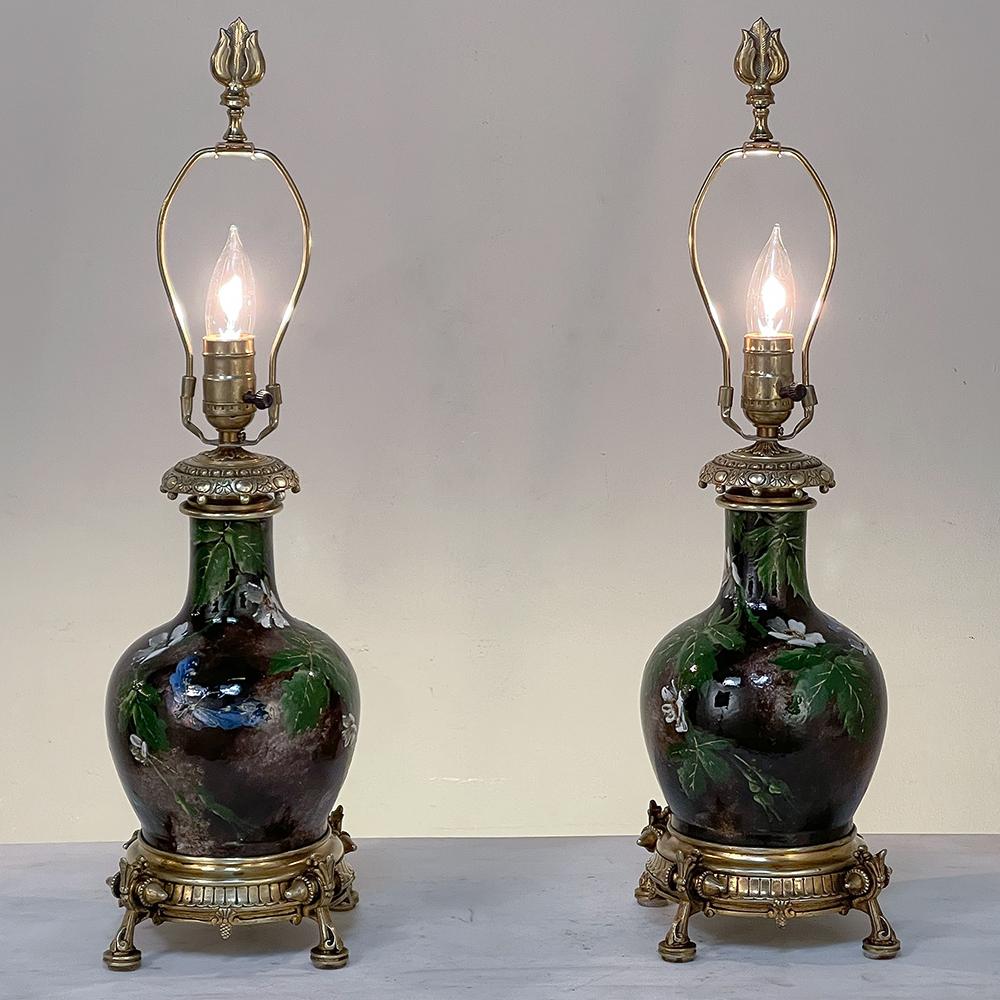 Pair Napoleon III Period Glazed Faience Table Lamps with Bronze Bases For Sale 1