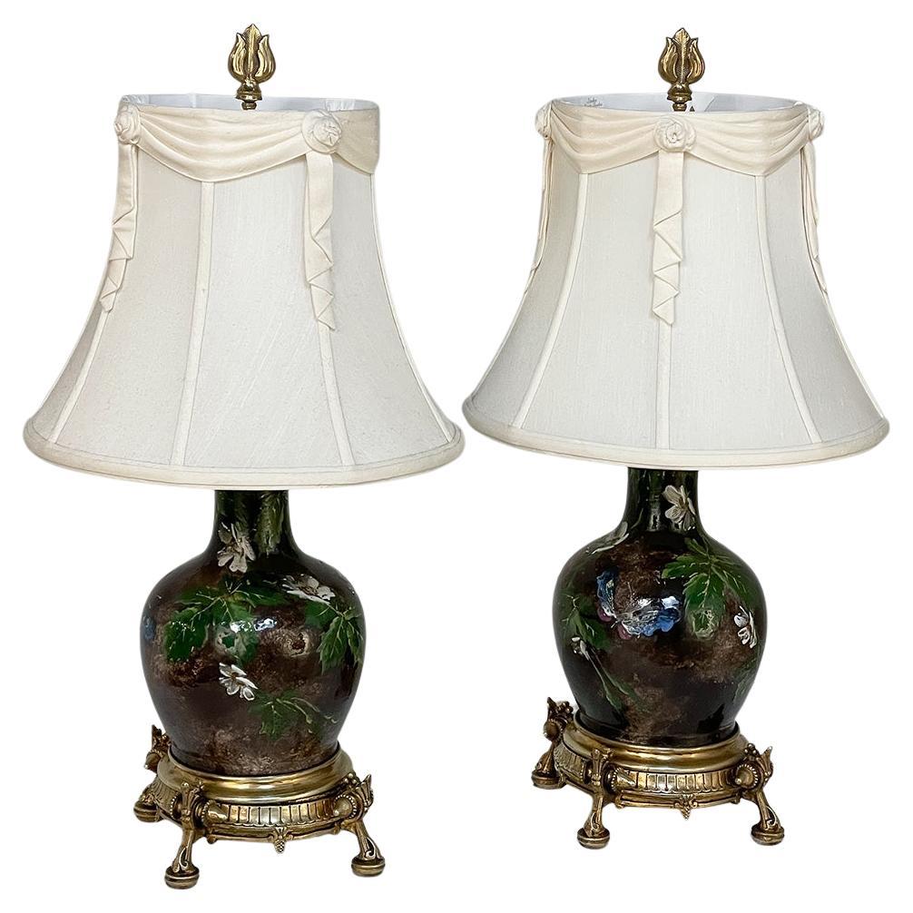 Pair Napoleon III Period Glazed Faience Table Lamps with Bronze Bases For Sale