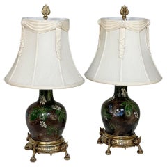 Pair Napoleon III Period Glazed Faience Table Lamps with Bronze Bases