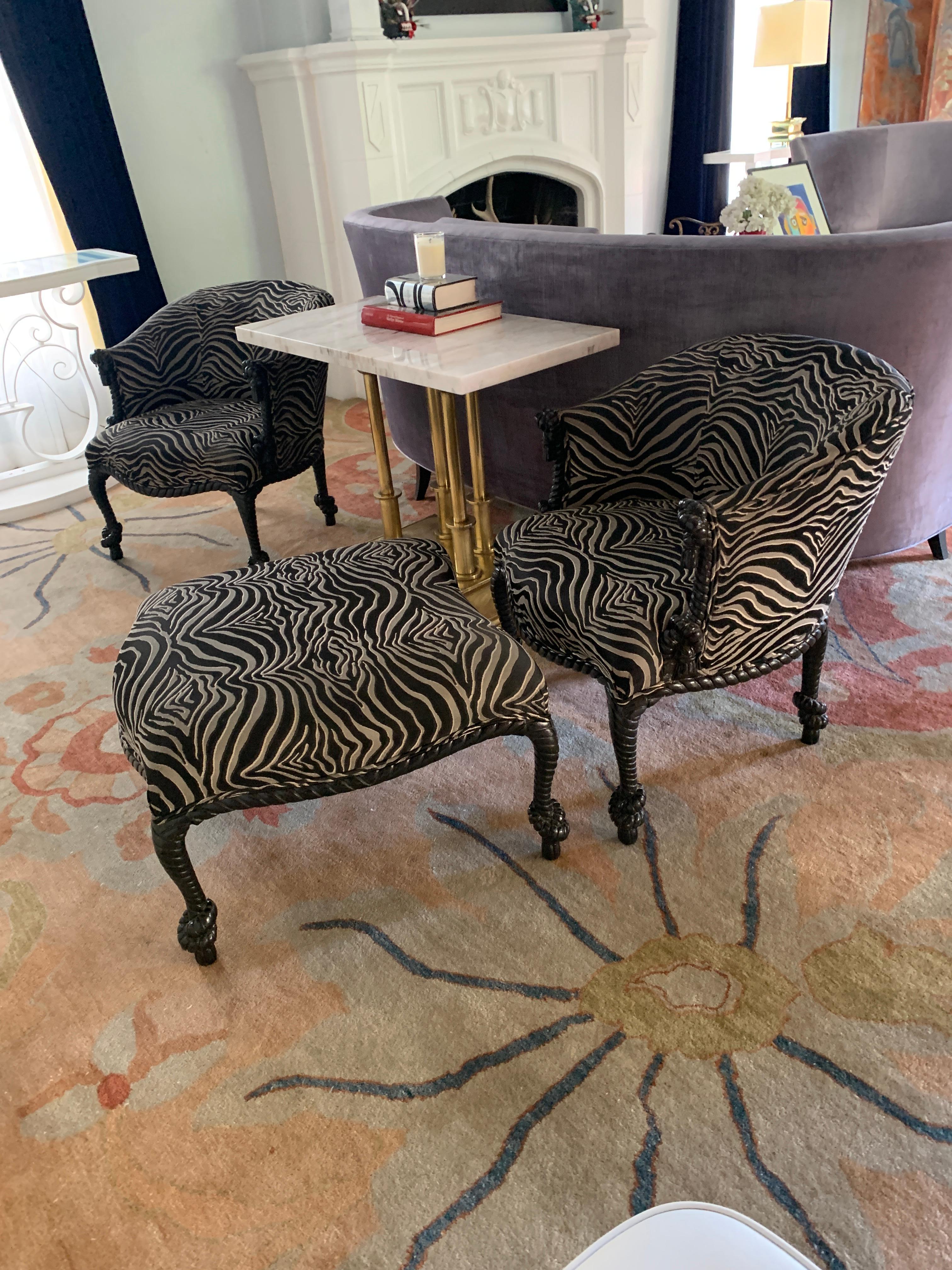 Hand-Carved Pair of Weiman Napoleon III Rope Armchairs and Matching Ottoman in Zebra