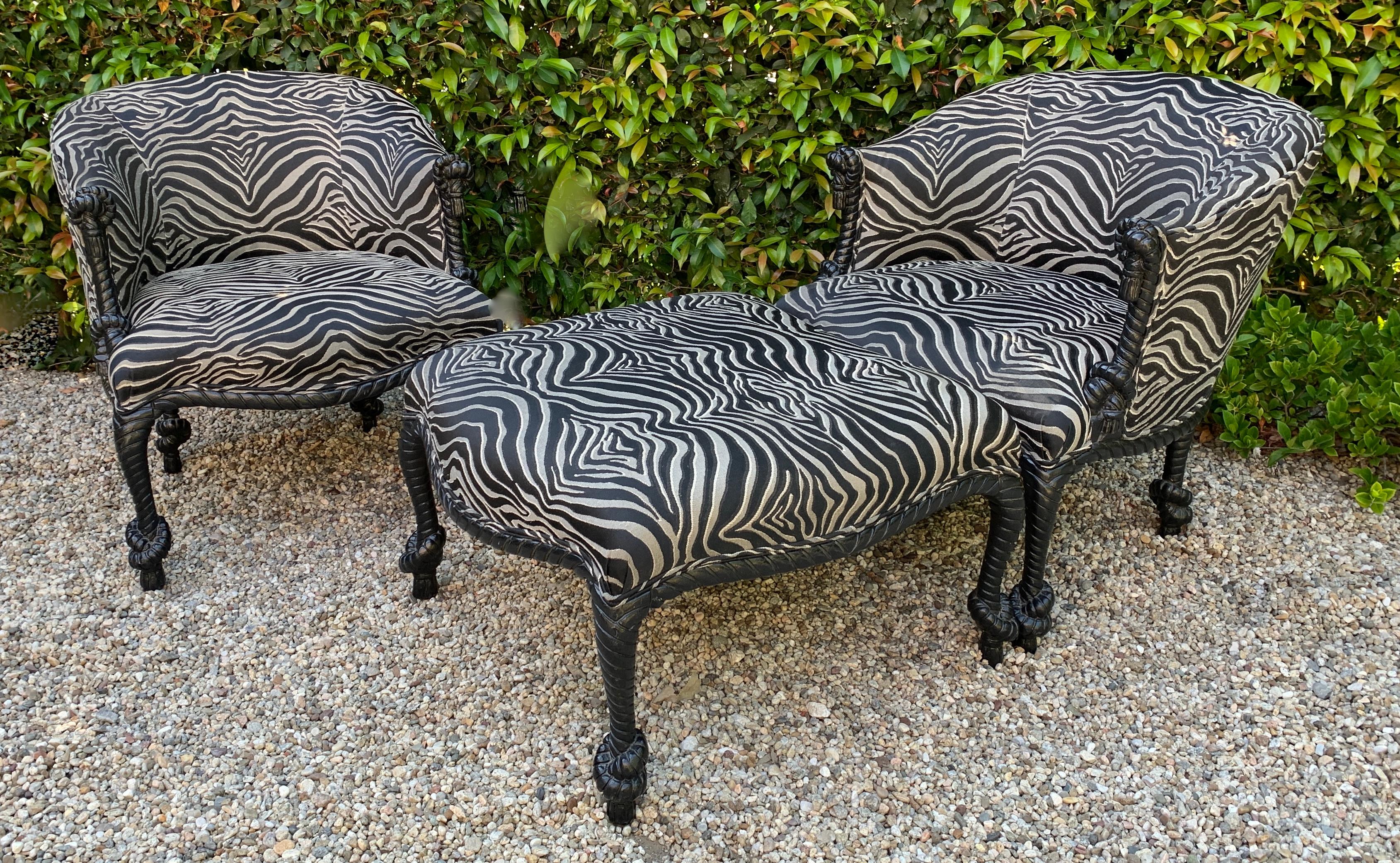 Pair of Weiman Napoleon III Rope Armchairs and Matching Ottoman in Zebra In Good Condition In Los Angeles, CA