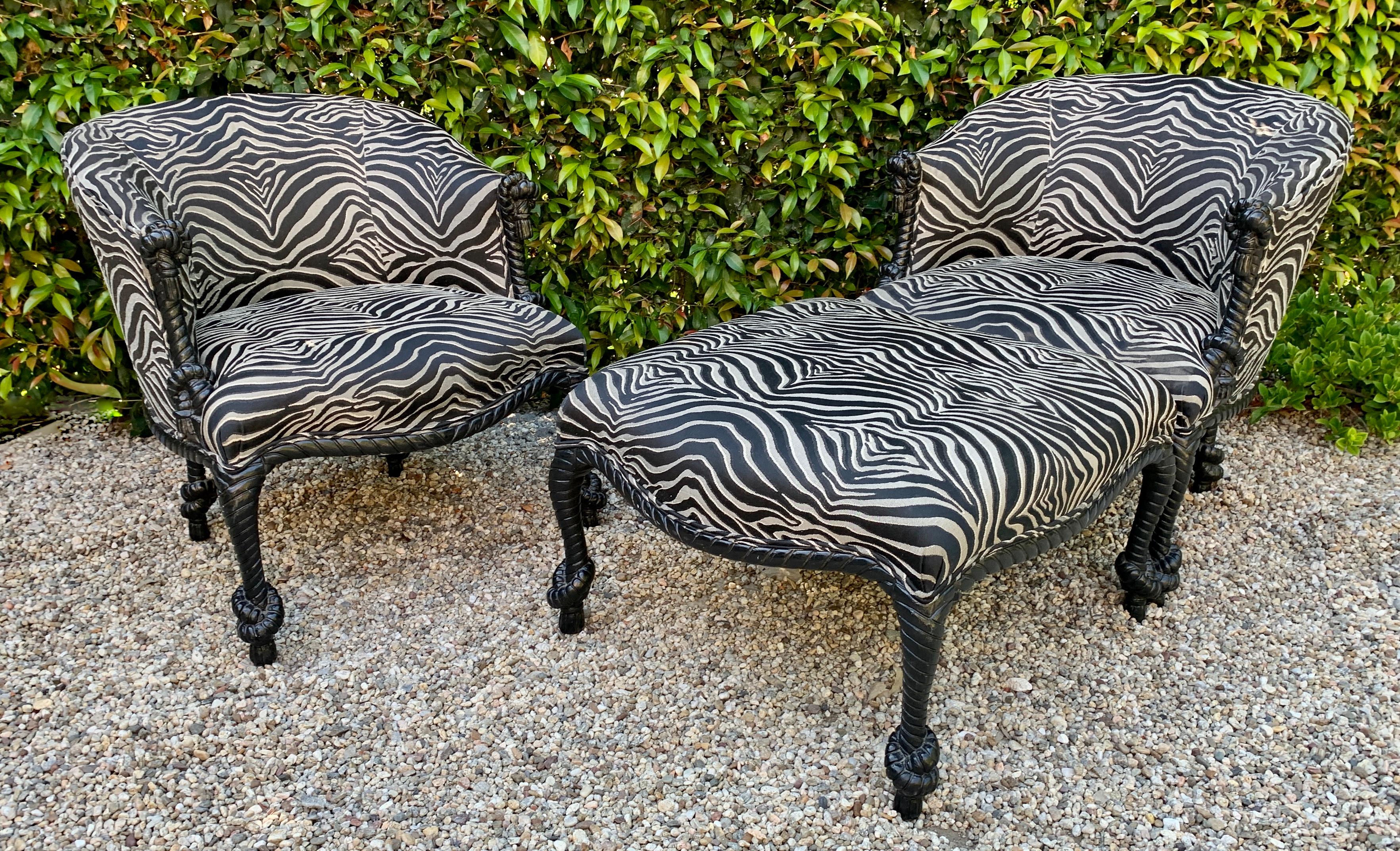 20th Century Pair of Weiman Napoleon III Rope Armchairs and Matching Ottoman in Zebra