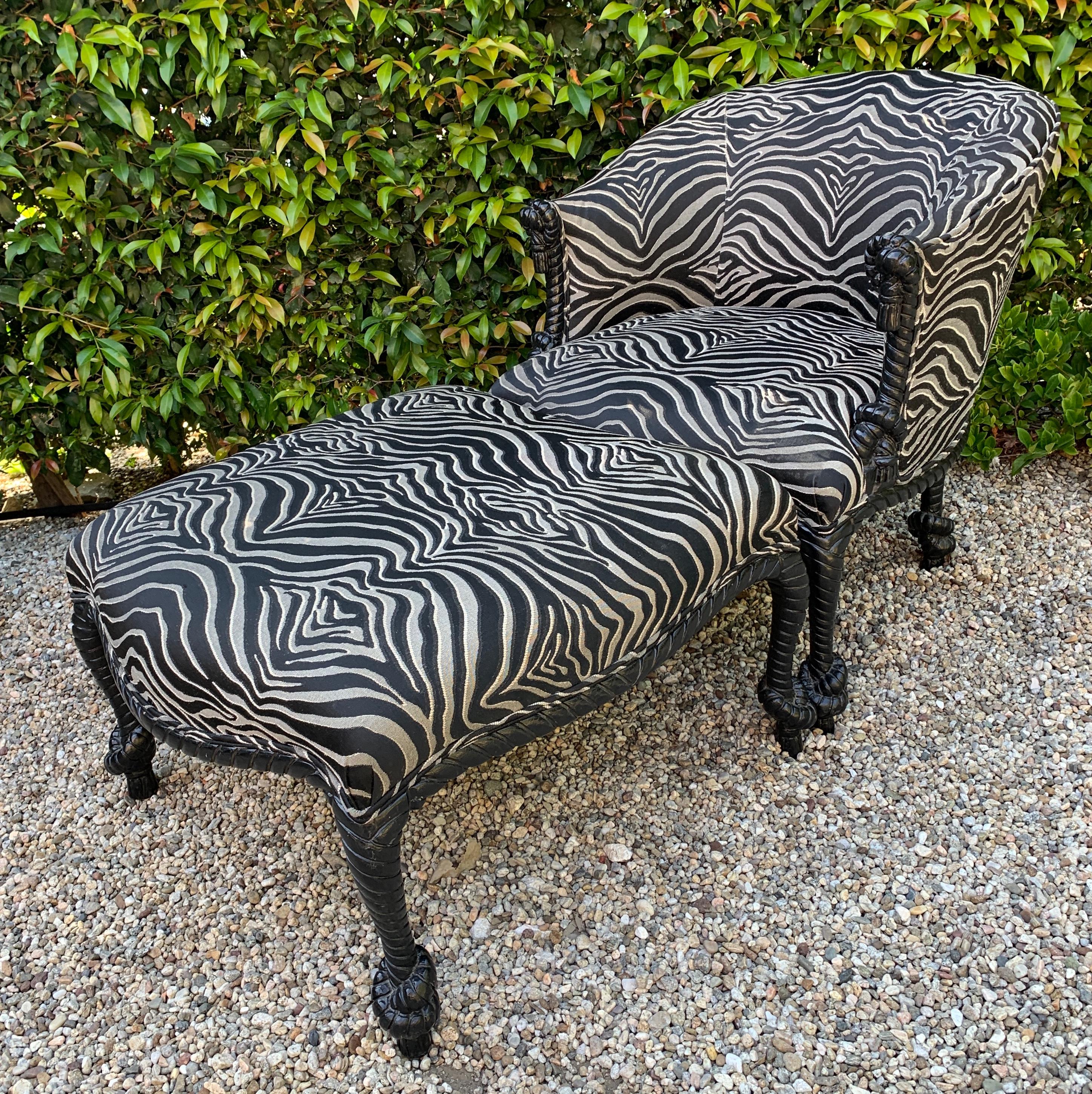 Fabric Pair of Weiman Napoleon III Rope Armchairs and Matching Ottoman in Zebra