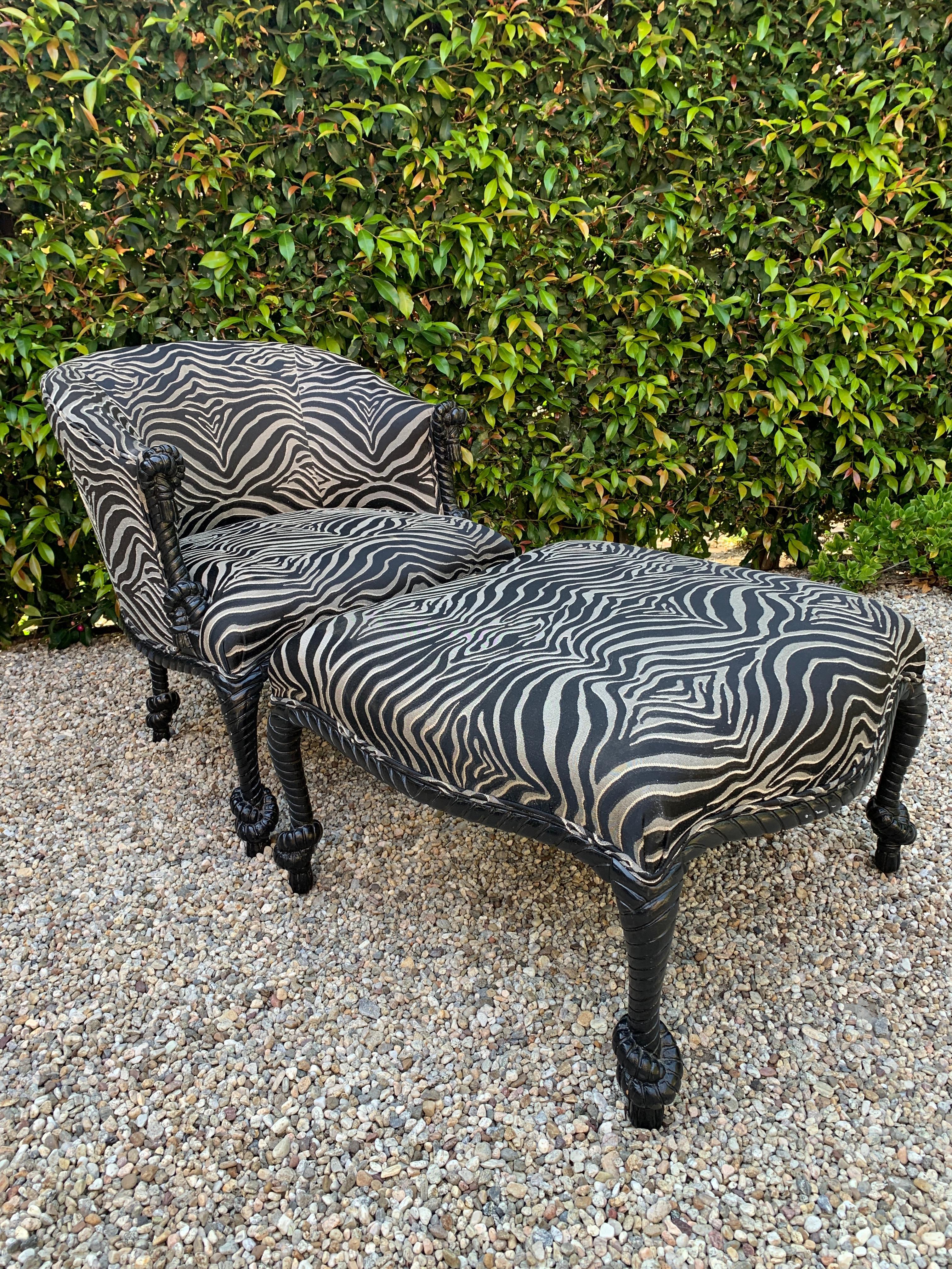 Pair of Weiman Napoleon III Rope Armchairs and Matching Ottoman in Zebra 1