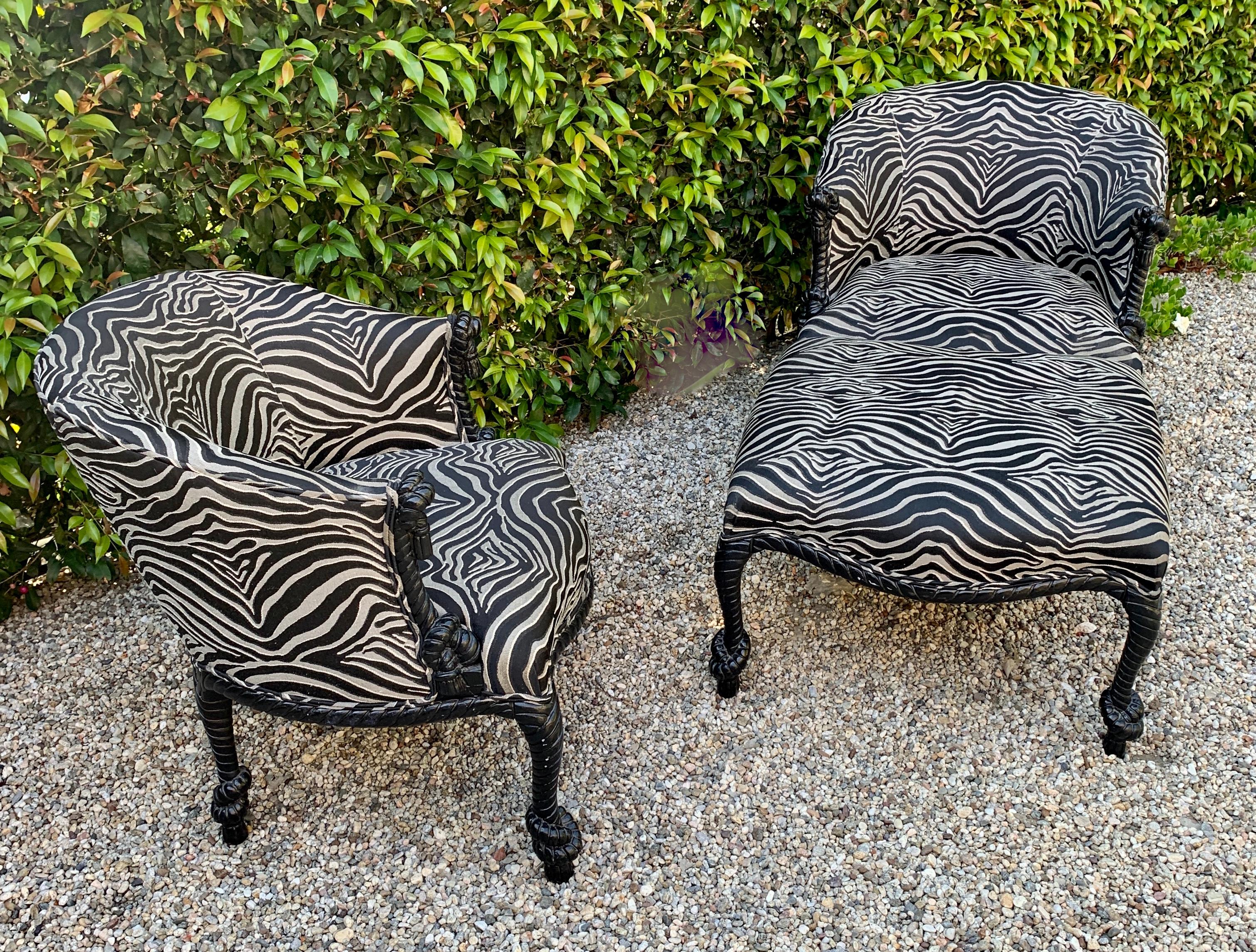 Pair of Weiman Napoleon III Rope Armchairs and Matching Ottoman in Zebra 2
