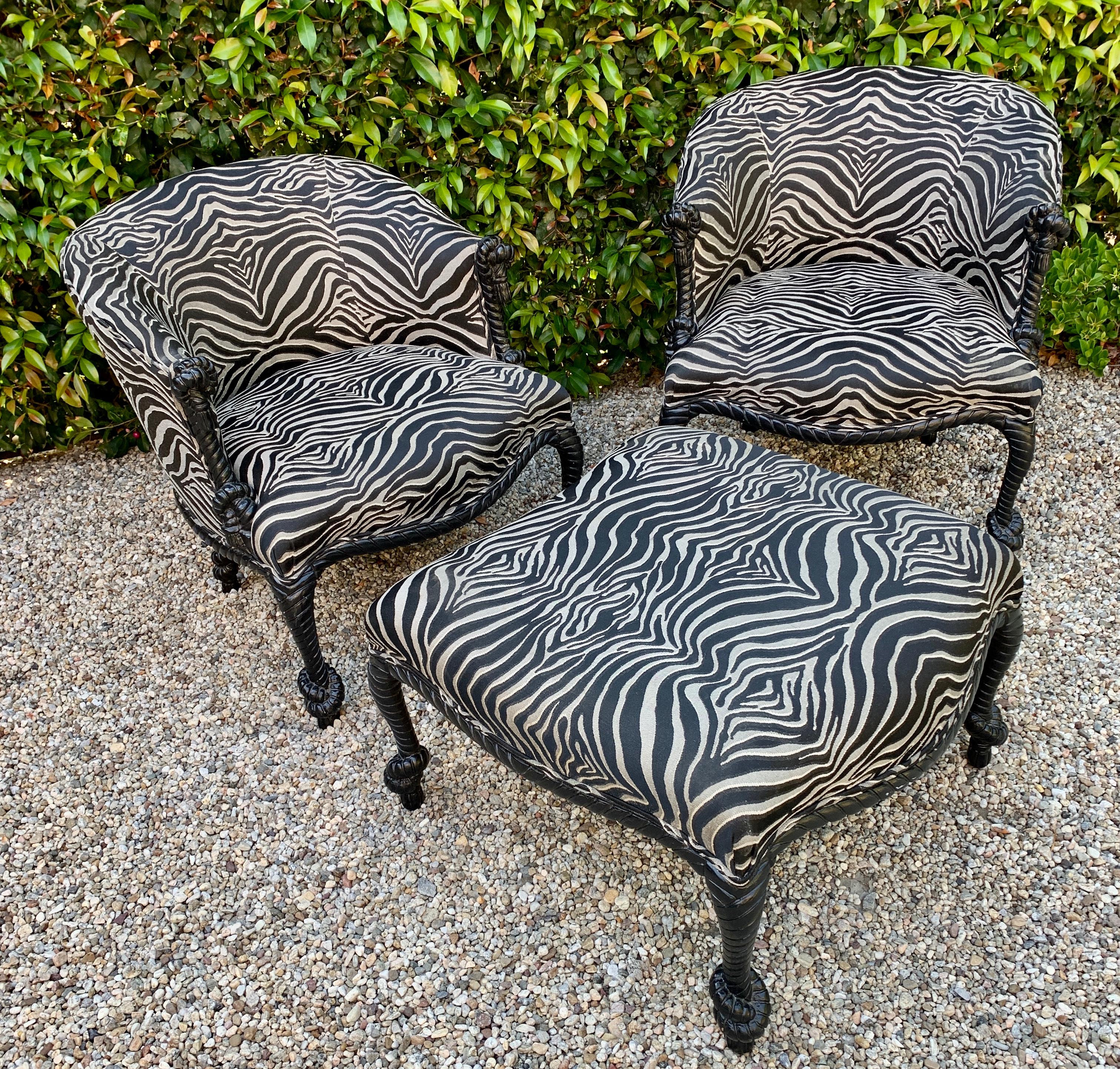 Pair of Weiman Napoleon III Rope Armchairs and Matching Ottoman in Zebra 3