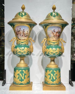 Pair Napoleonic Empire Style Porcelain Vases with Covers