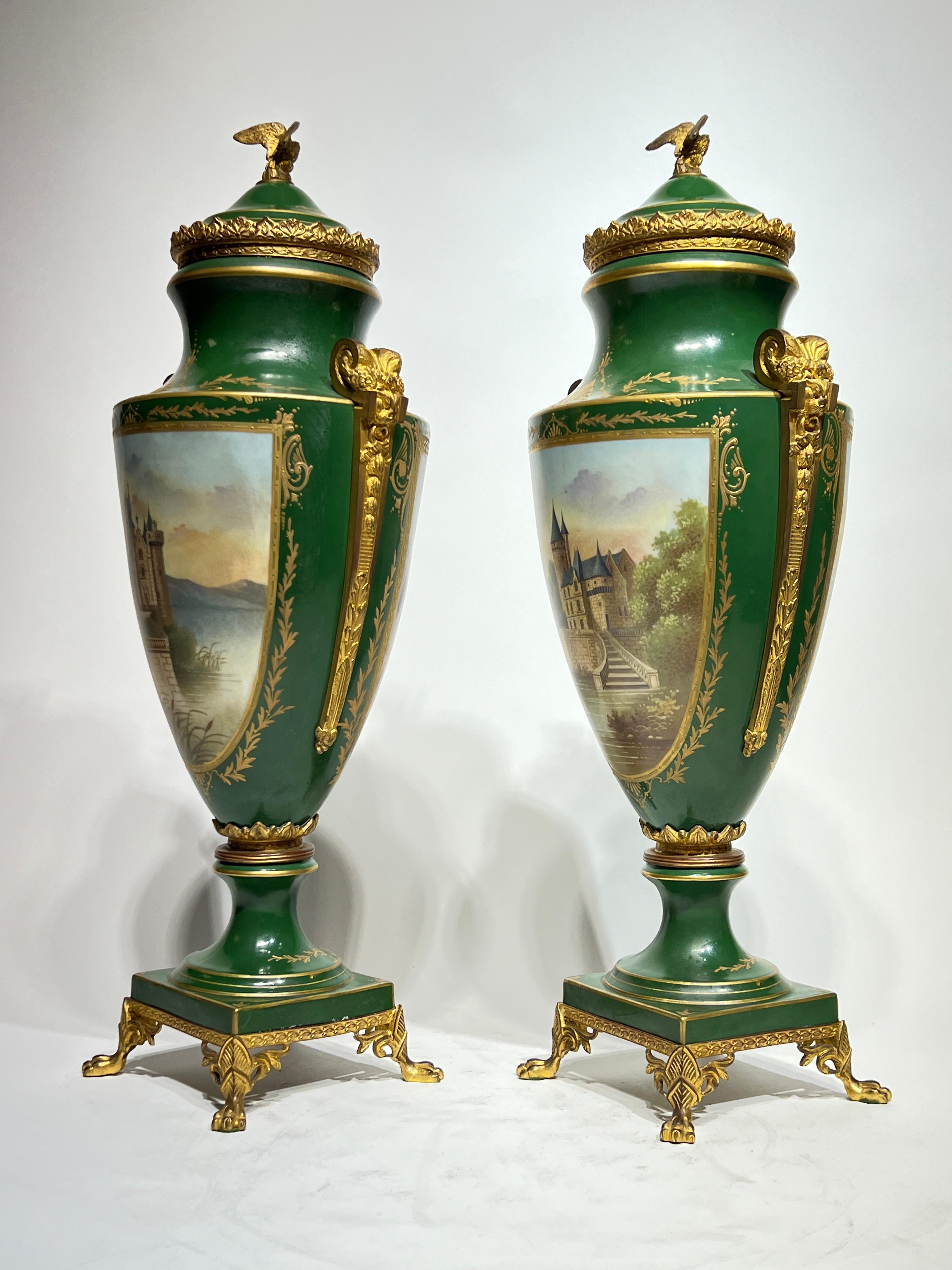 Hand-Painted Pair Napoleonic Empire Style Porcelain Vases with Covers