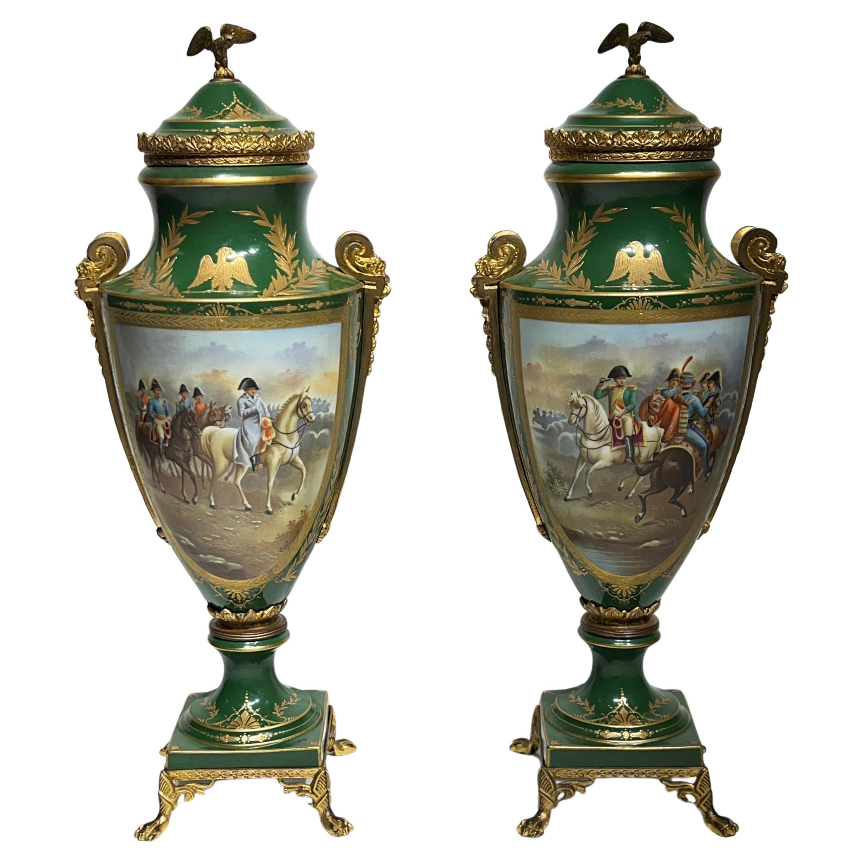 Pair Napoleonic Empire Style Porcelain Vases with Covers