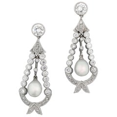 Pair Natural Pearl and Diamond Drop Earrings